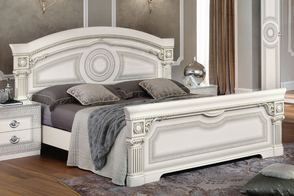 ESF Furniture - Aida 6 Piece King Panel Bedroom Set in White-Silver - AIDABEDKSWHITE-6SET