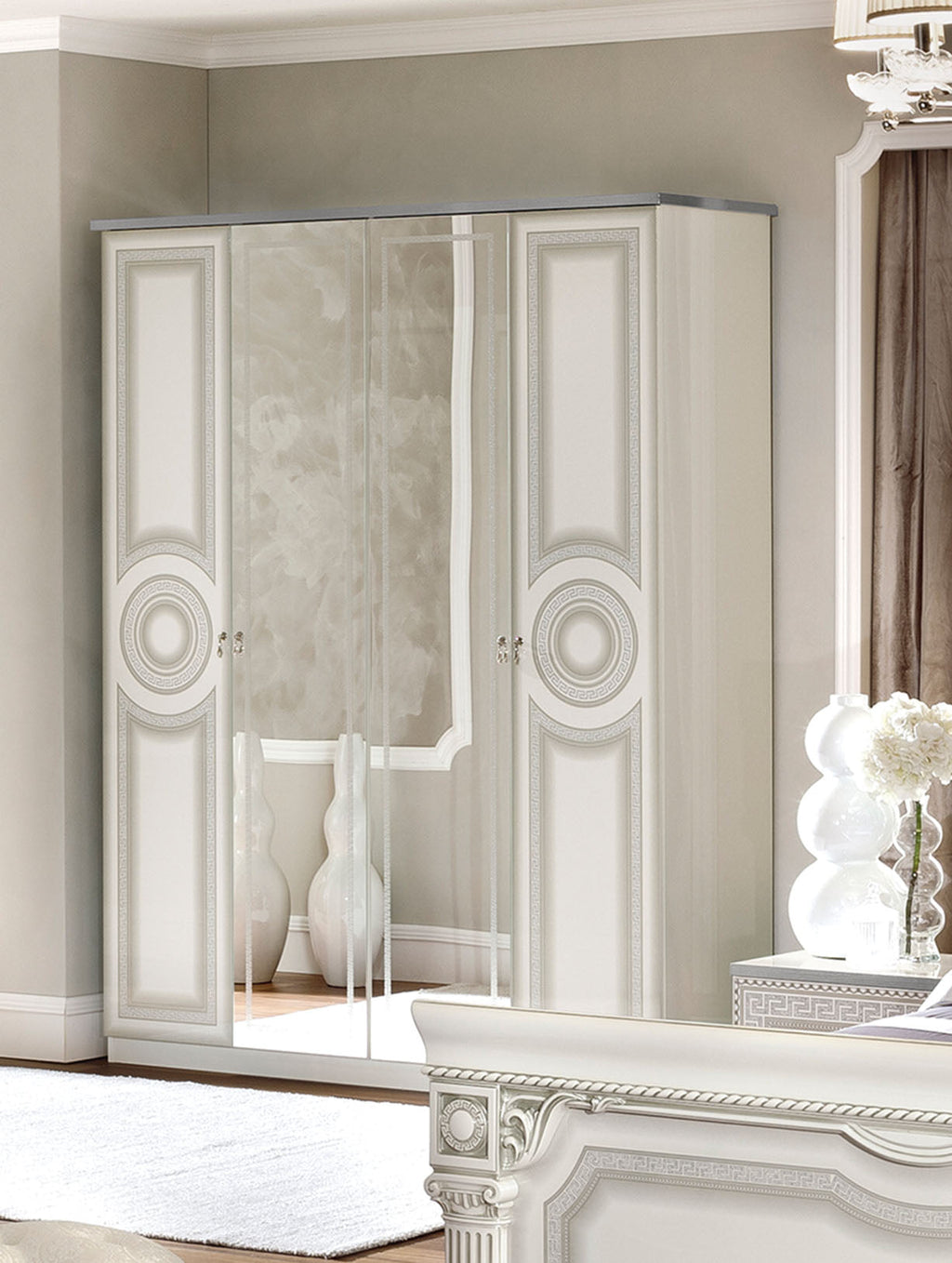 ESF Furniture - Aida 6 Piece King Panel Bedroom Set in White-Silver - AIDABEDKSWHITE-6SET