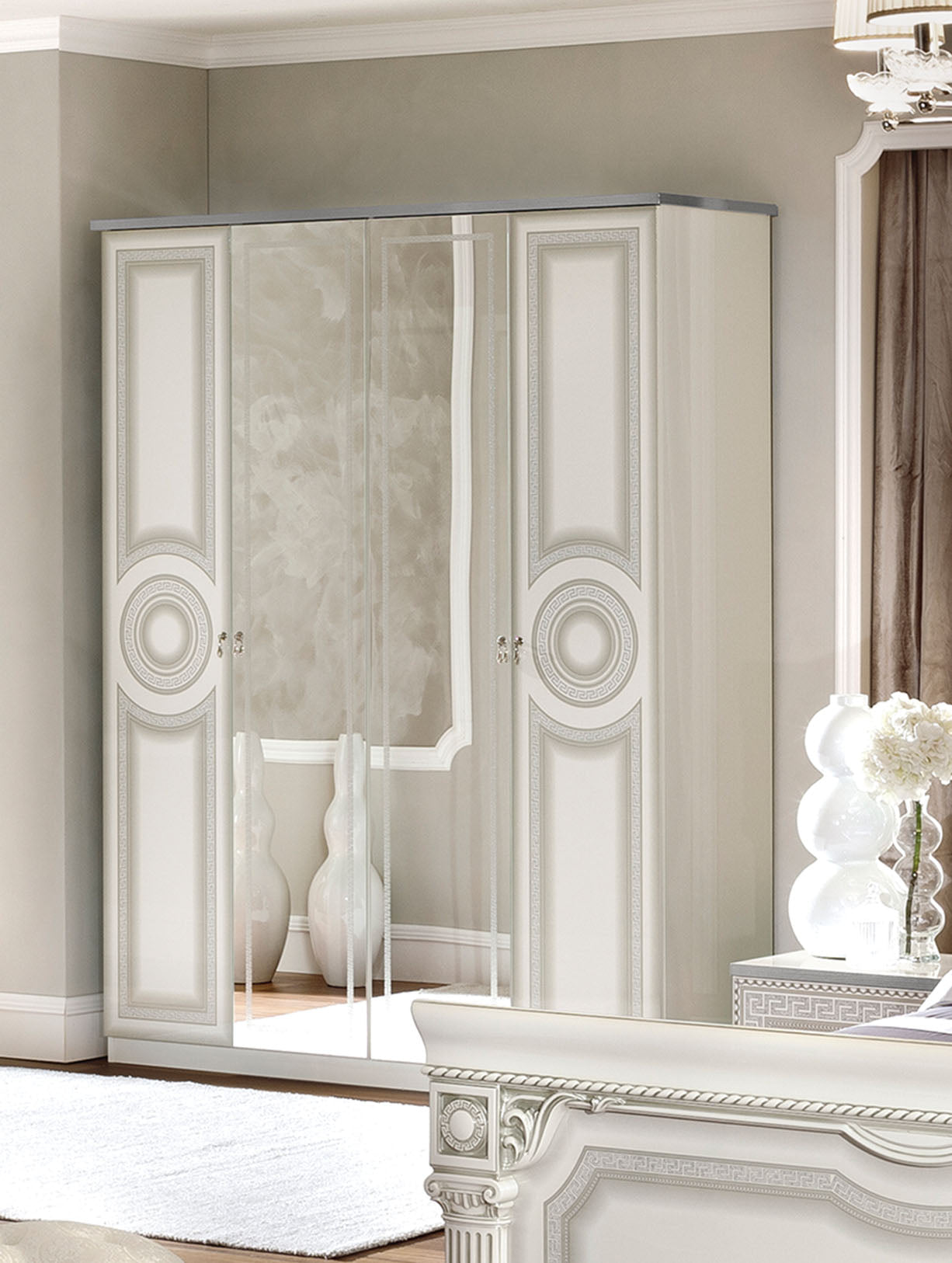 ESF Furniture - Aida 6 Piece Queen Panel Bedroom Set in White-Silver - AIDABEDQSWHITE-6SET
