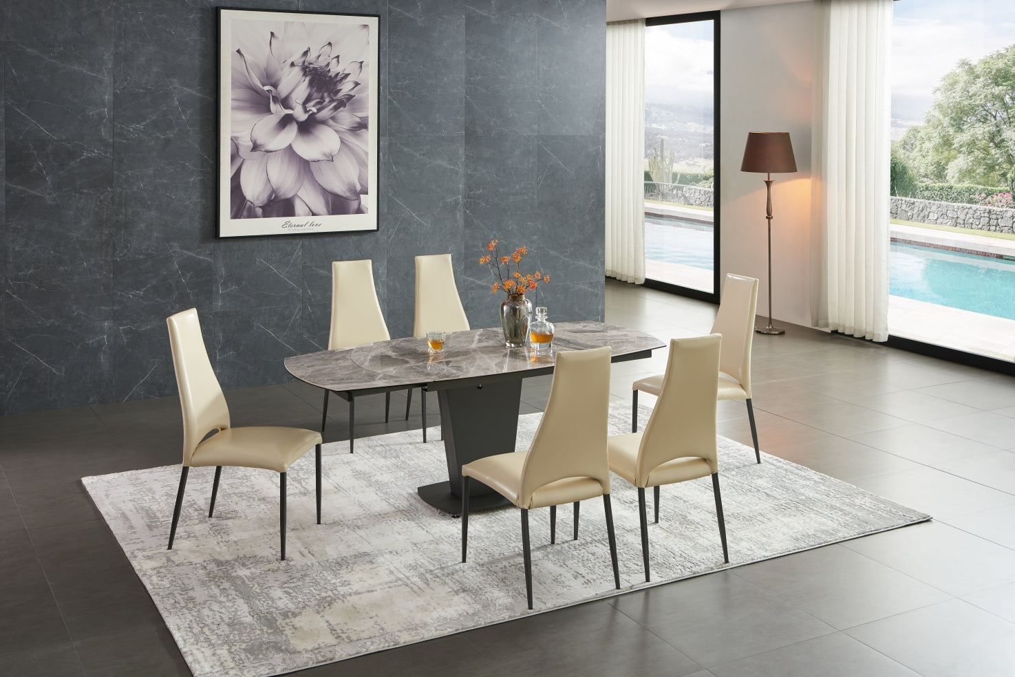 ESF Furniture - Extravaganza 2417 Marble Table Grey Taupe with 3405 Chairs Beige - 2417-3405BEIGE-6CHAIR