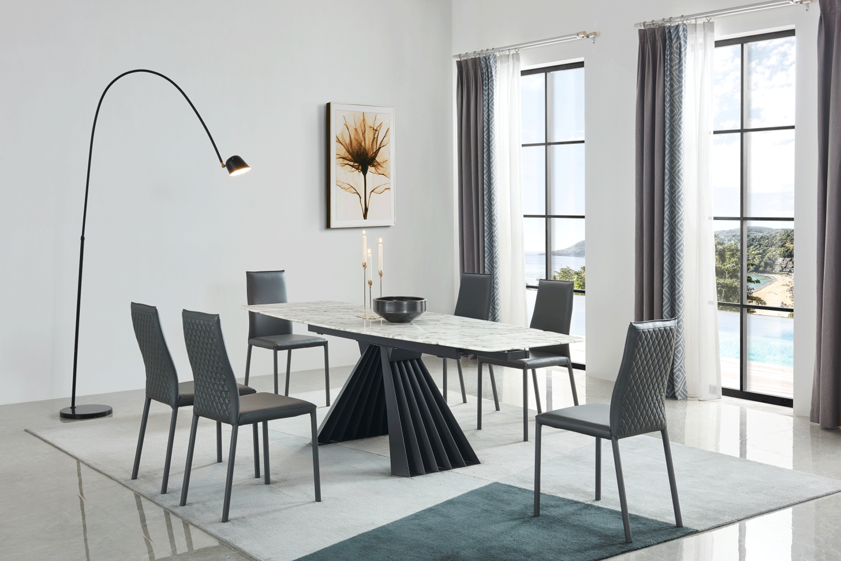 ESF Furniture - Extravaganza 152 Marble Dining Table with 196 Grey Chairs - 152DININGTABLE-196-6CHAIR