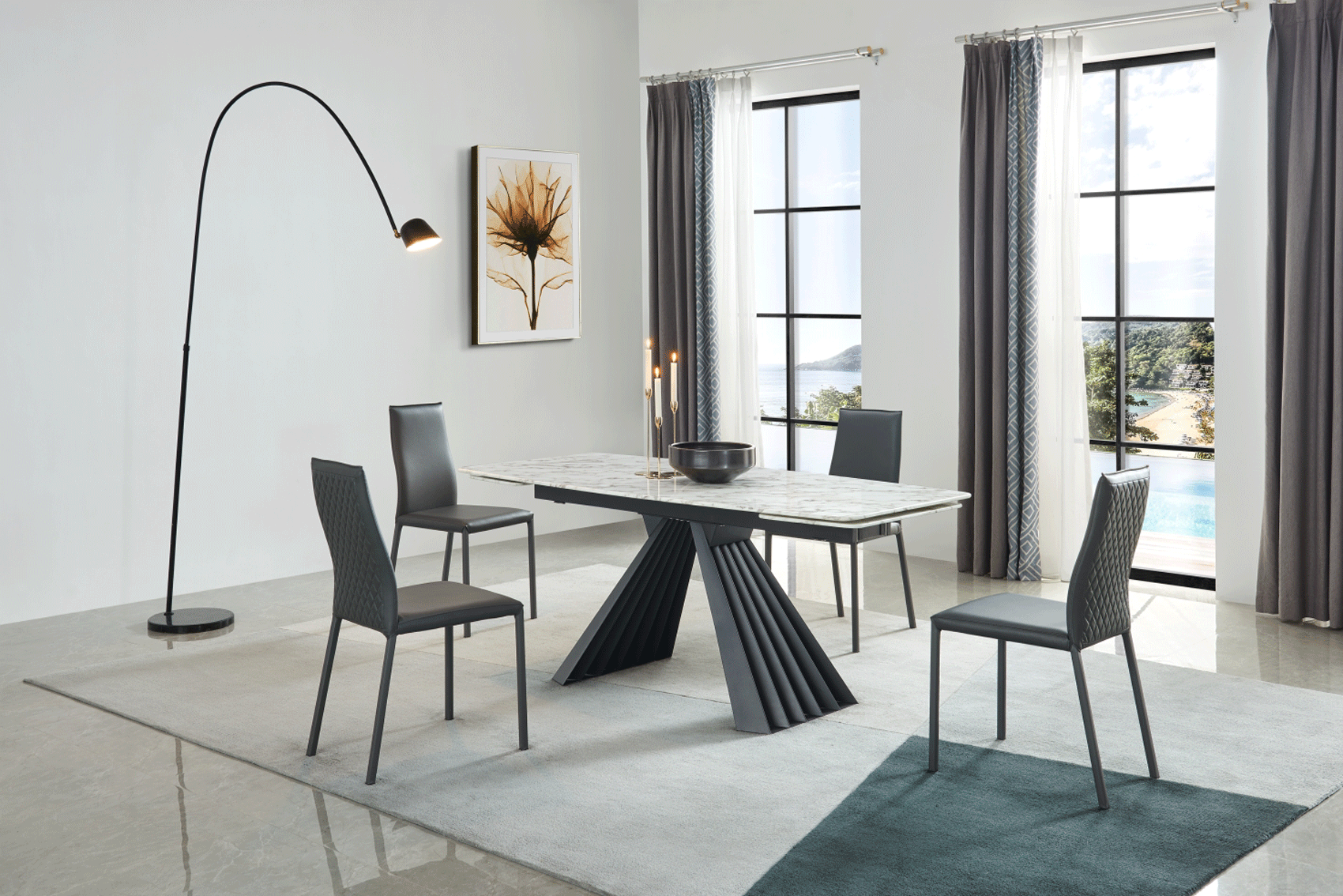 ESF Furniture - Extravaganza 152 Marble Dining Table with 196 Grey Chairs - 152DININGTABLE-196-4CHAIR