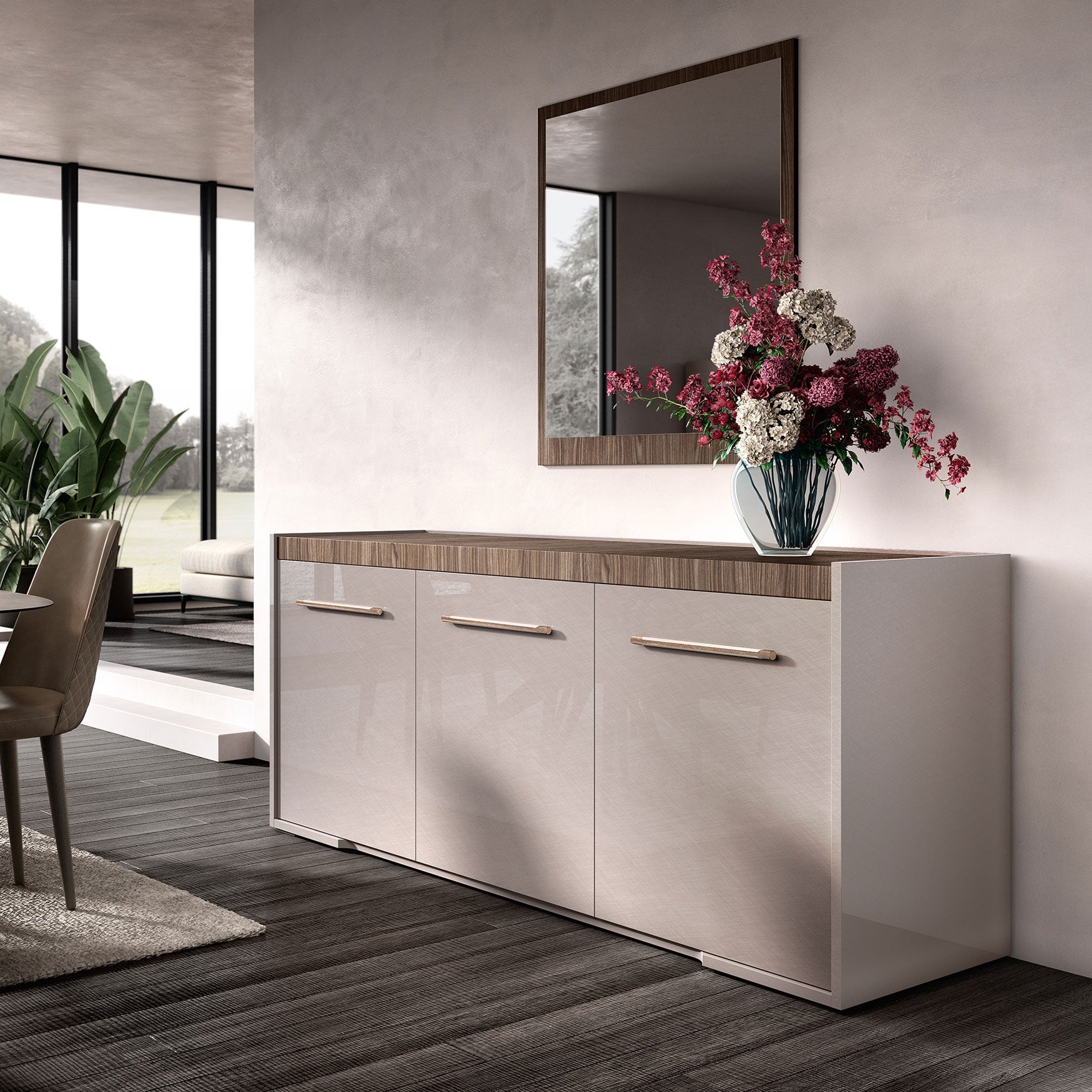 ESF Furniture - Nora 3 Door Buffet with Mirror in High Gloss Lacquer - NORA-BM