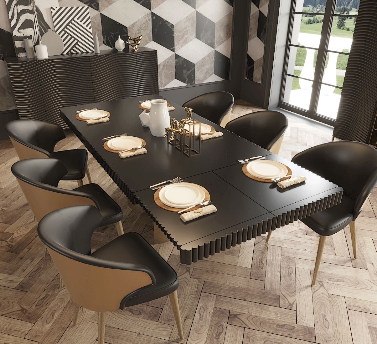 ESF Furniture - Wave Dining table with 2 Ext. in Matt Gold - WAVETABLEGREY