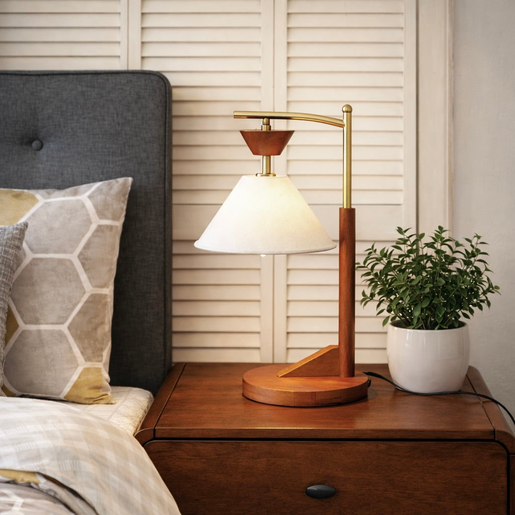 Dreamlight Table Lamp, Brown Solid Wood Base with Elegant Cone Linen Shade