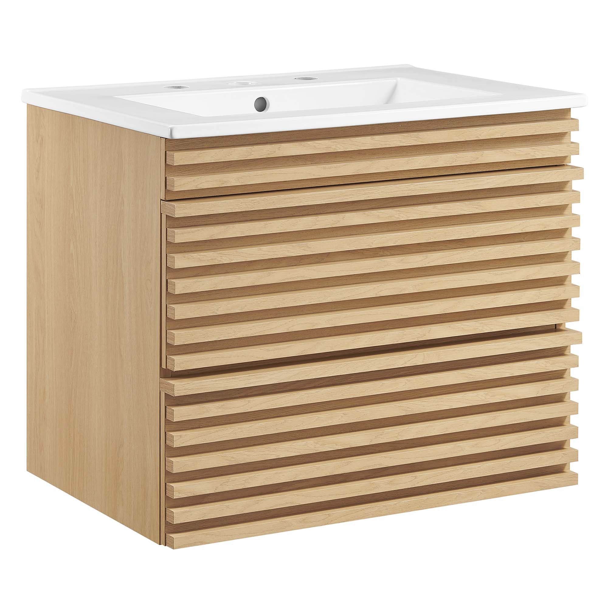 Render Wall-Mount Bathroom Vanity with White Basin Included - EEI-4433-OAK-WHI