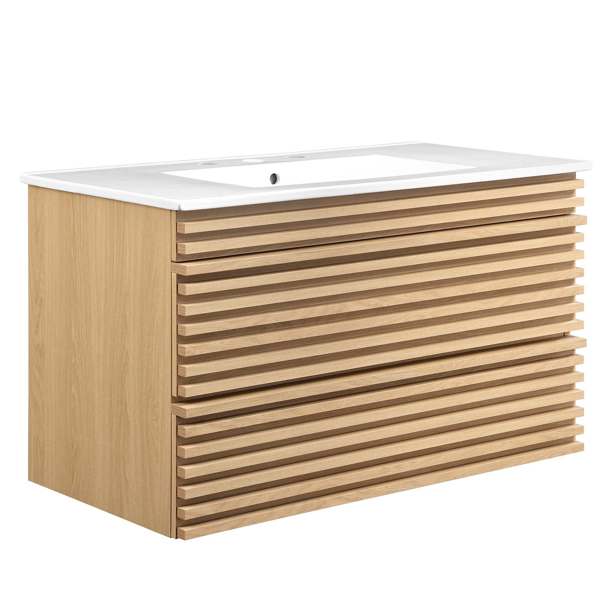 Render Wall-Mount Bathroom Vanity with White Basin Included - EEI-4436-OAK-WHI