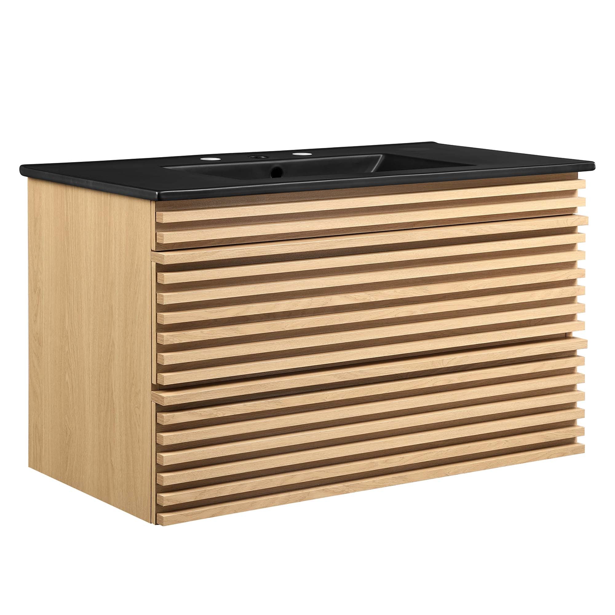 Render Wall-Mount Bathroom Vanity with Black Basin Included - EEI-5395-OAK-BLK