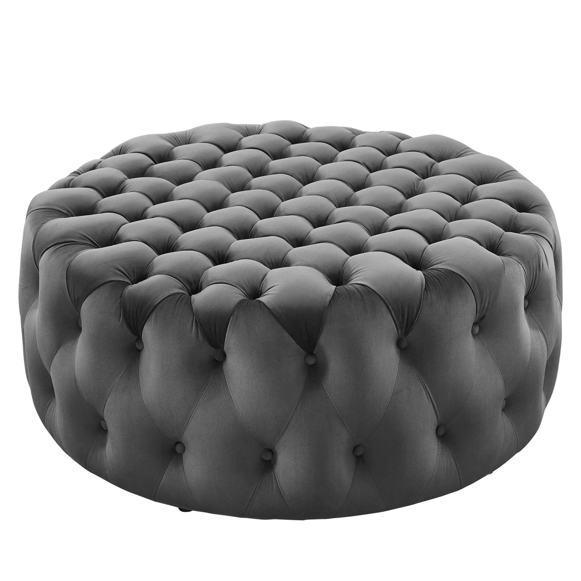 Amour Tufted Button Large Round Performance Velvet Ottoman - EEI-5469-GRY