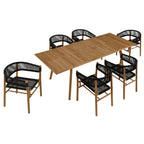 Vienna 7-Piece Outdoor Patio Teak and Rope Dining Set with Curved-Back Armchairs