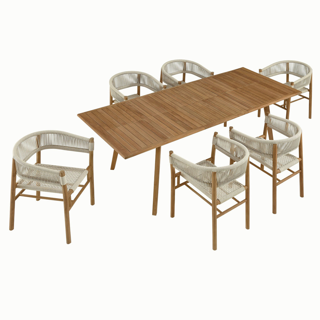 Vienna 7-Piece Outdoor Patio Teak and Rope Dining Set with Curved-Back Armchairs