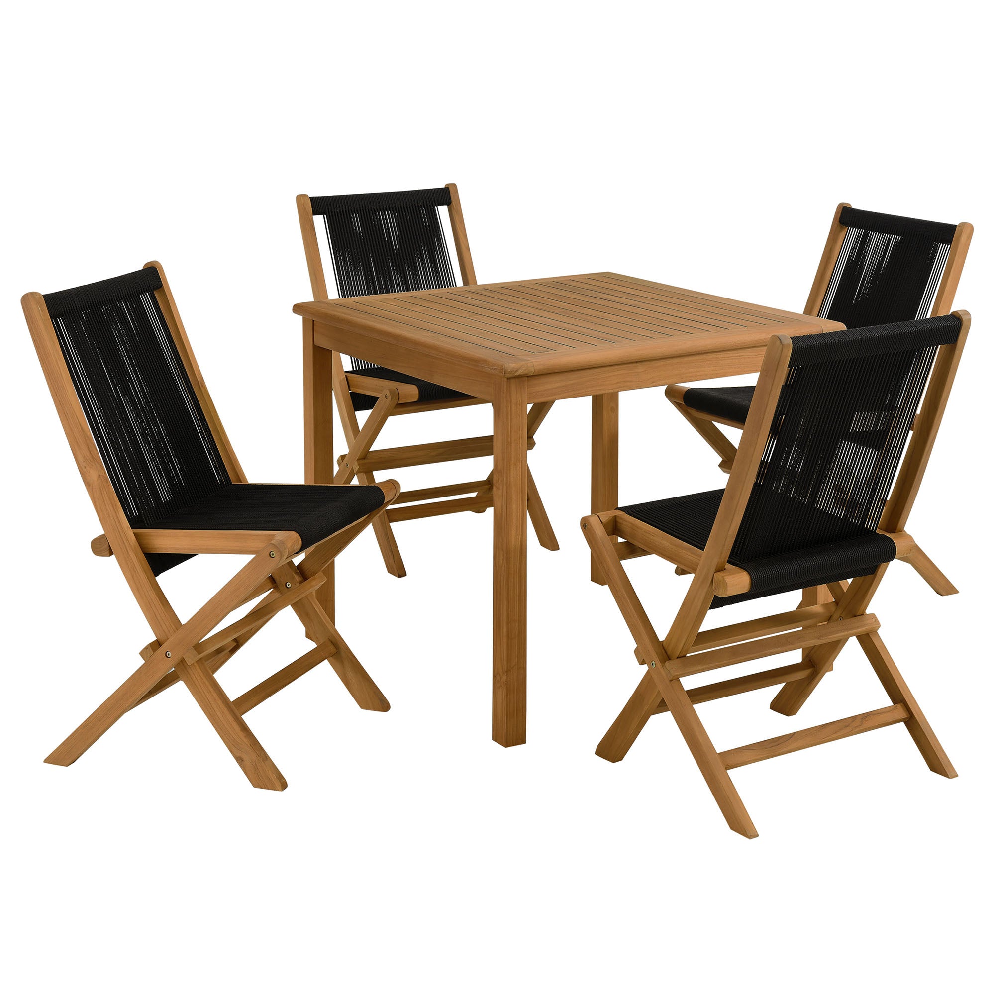 Vienna 5-Piece Outdoor Patio Teak Wood Dining Set with Rope Folding Chairs - EEI-6932-NAT-BLK