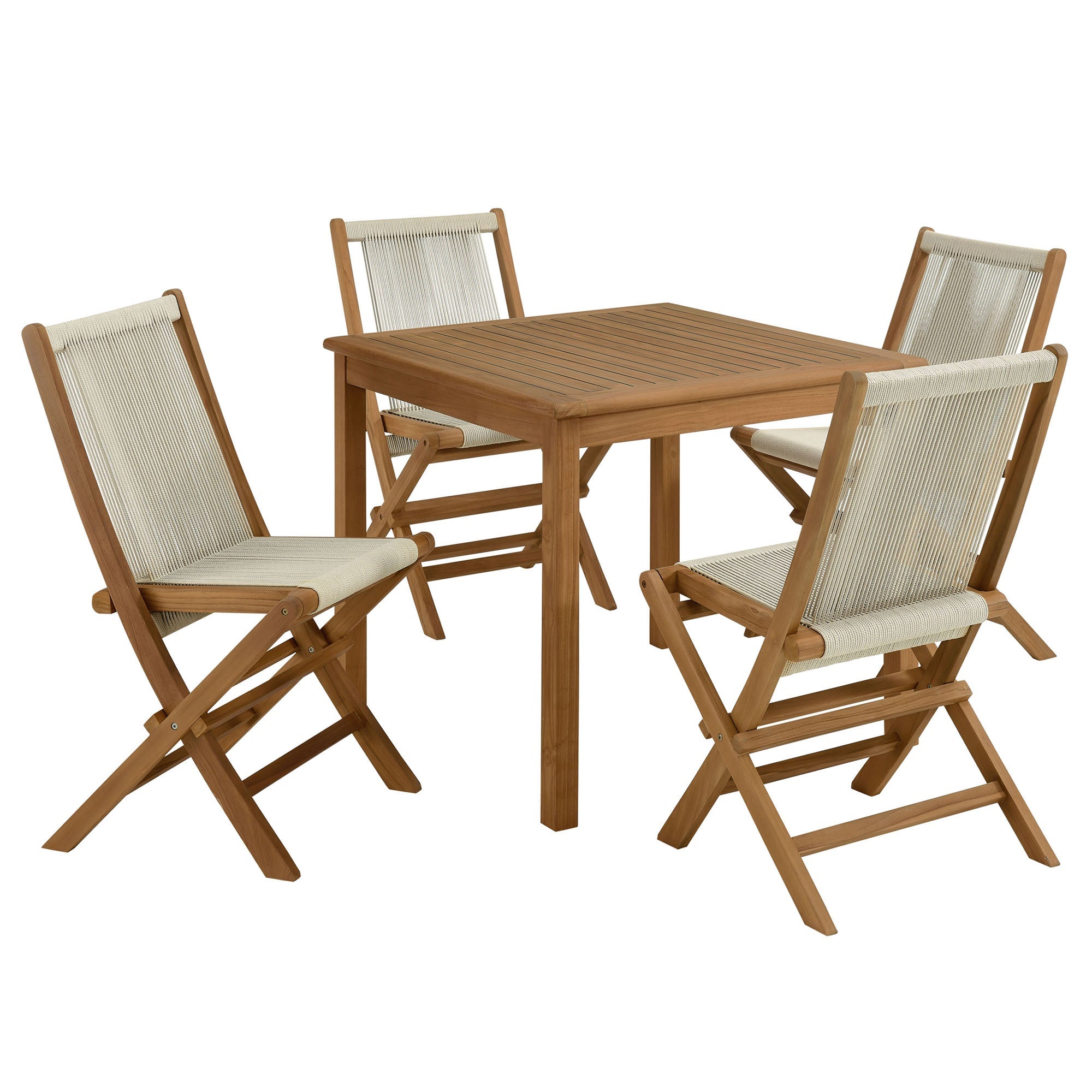 Vienna 5-Piece Outdoor Patio Teak Wood Dining Set with Rope Folding Chairs - EEI-6932-NAT-NAT