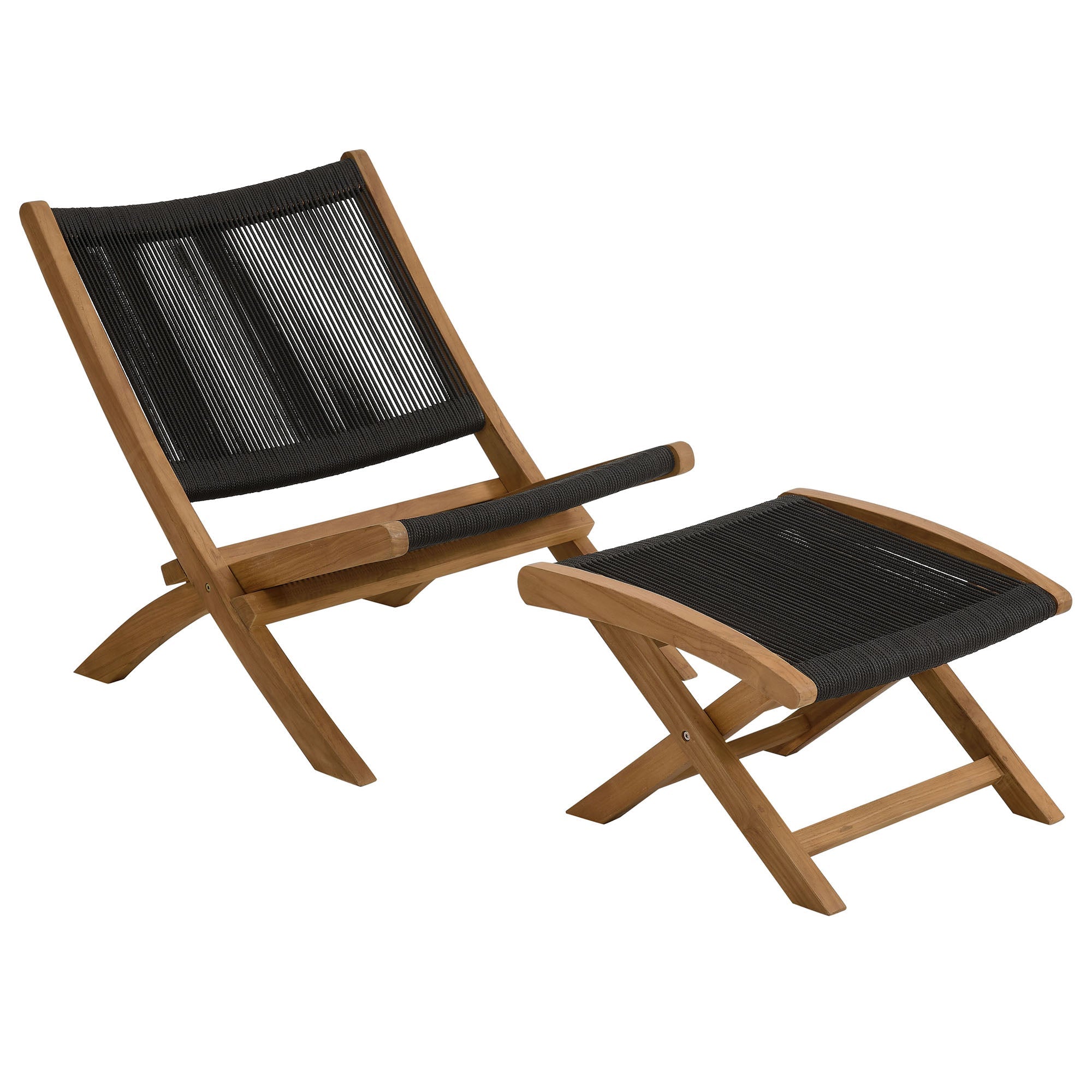 Vienna 2-Piece Outdoor Patio Teak and Rope Folding Accent Lounge Chair and Ottoman Set