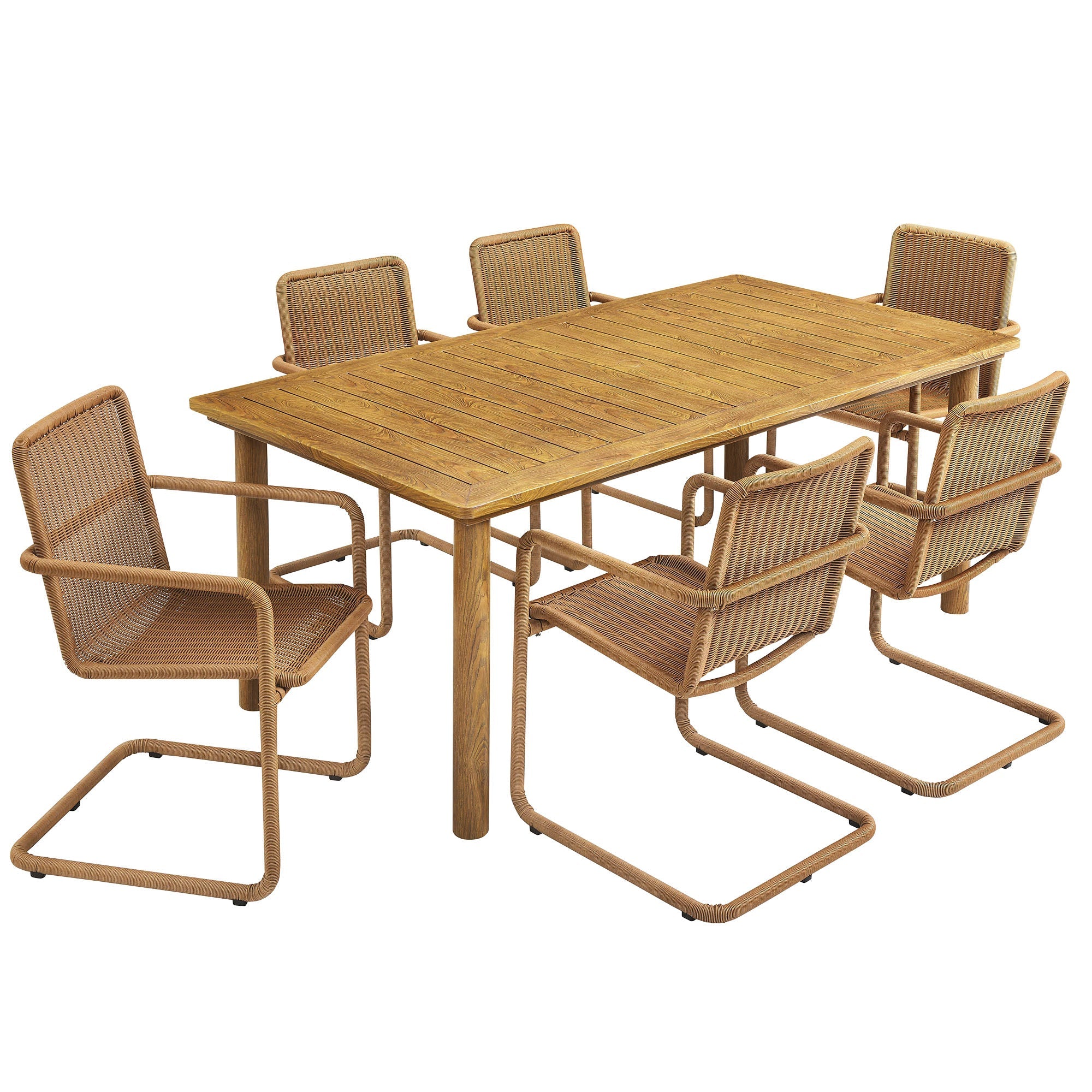 Abacus 7-Piece Rectangular Outdoor Patio Aluminum Dining Table Set with Rattan Armchairs - EEI-7073-NAT-NAT