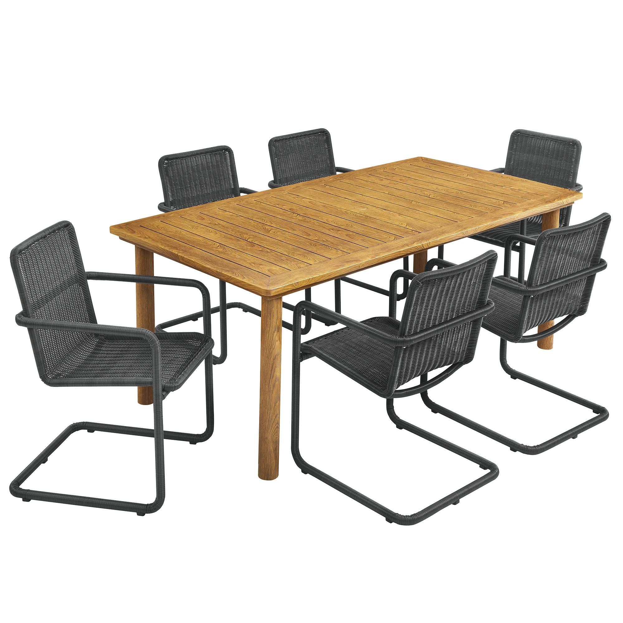Abacus 7-Piece Rectangular Outdoor Patio Aluminum Dining Table Set with Rattan Armchairs - EEI-7073-SLA-NAT
