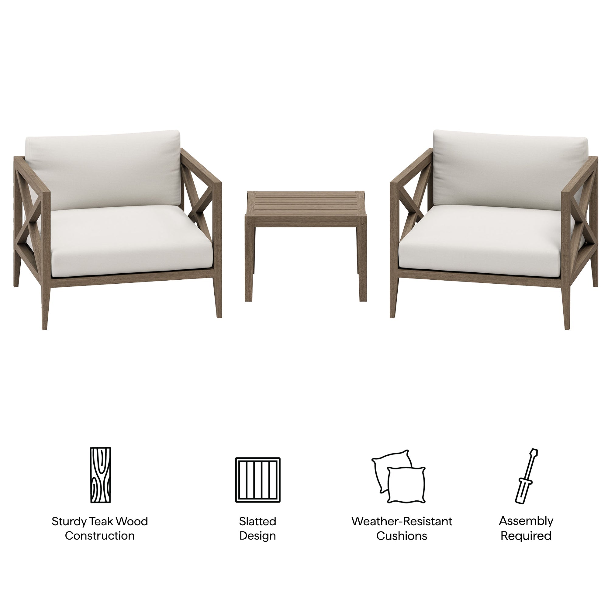 Northlake 3-Piece Outdoor Teak Wood Furniture Set with Armchair and Side Table