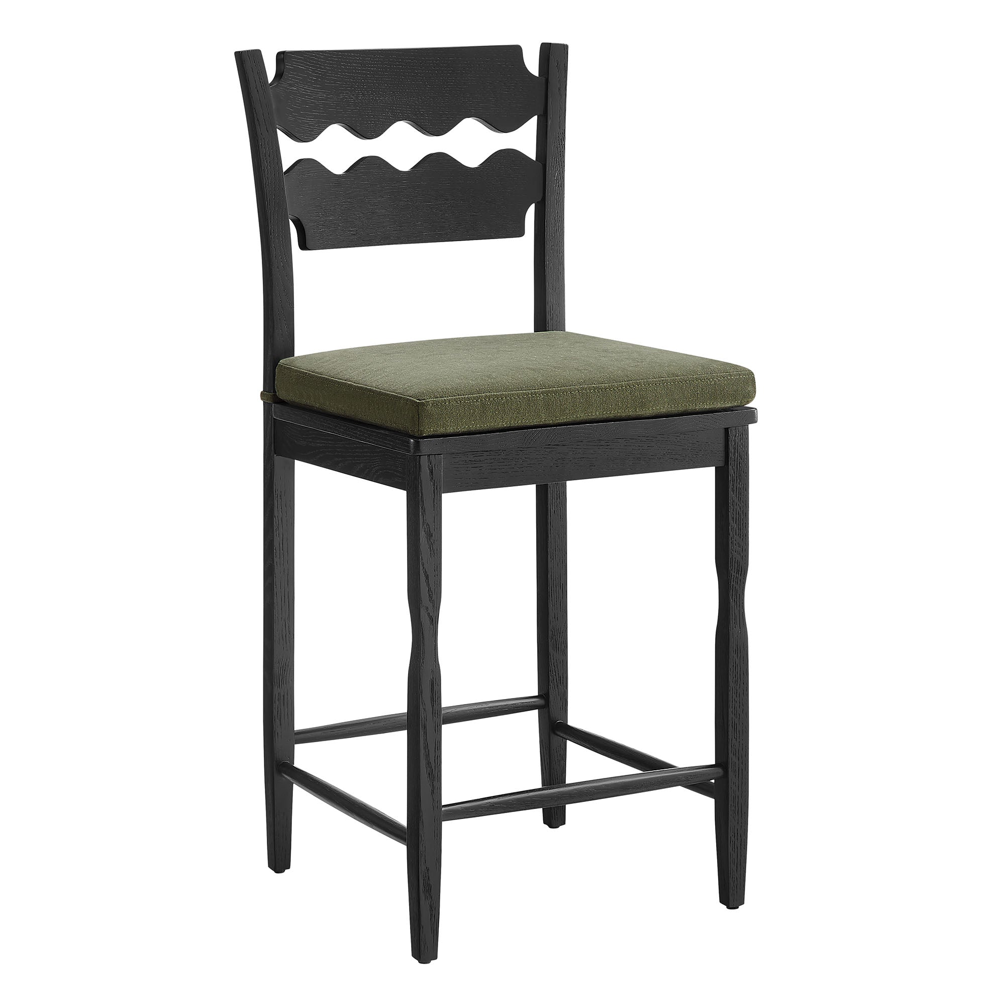 Jax Oak Wood Counter Stool With Wavy Razor Back and Cushion - EEI-7518-BLK-SGE