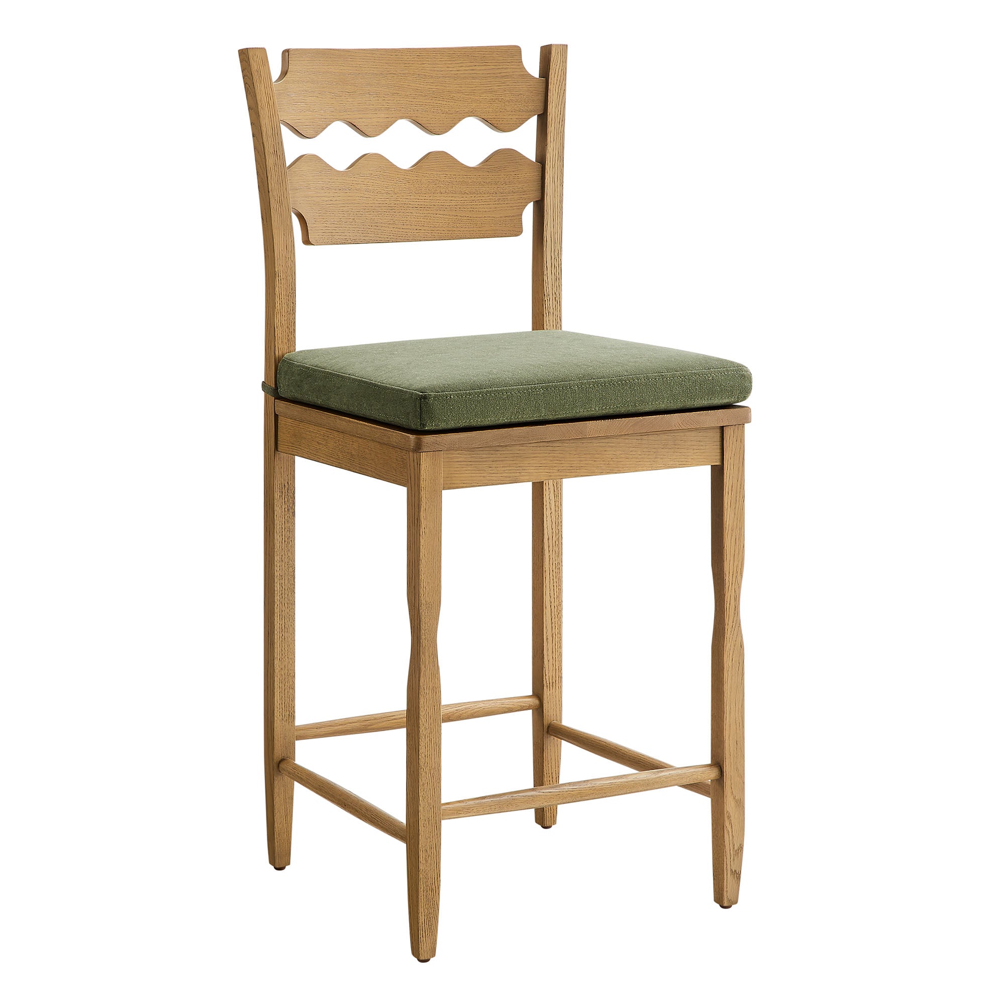 Jax Oak Wood Counter Stool With Wavy Razor Back and Cushion - EEI-7518-WOA-SGE