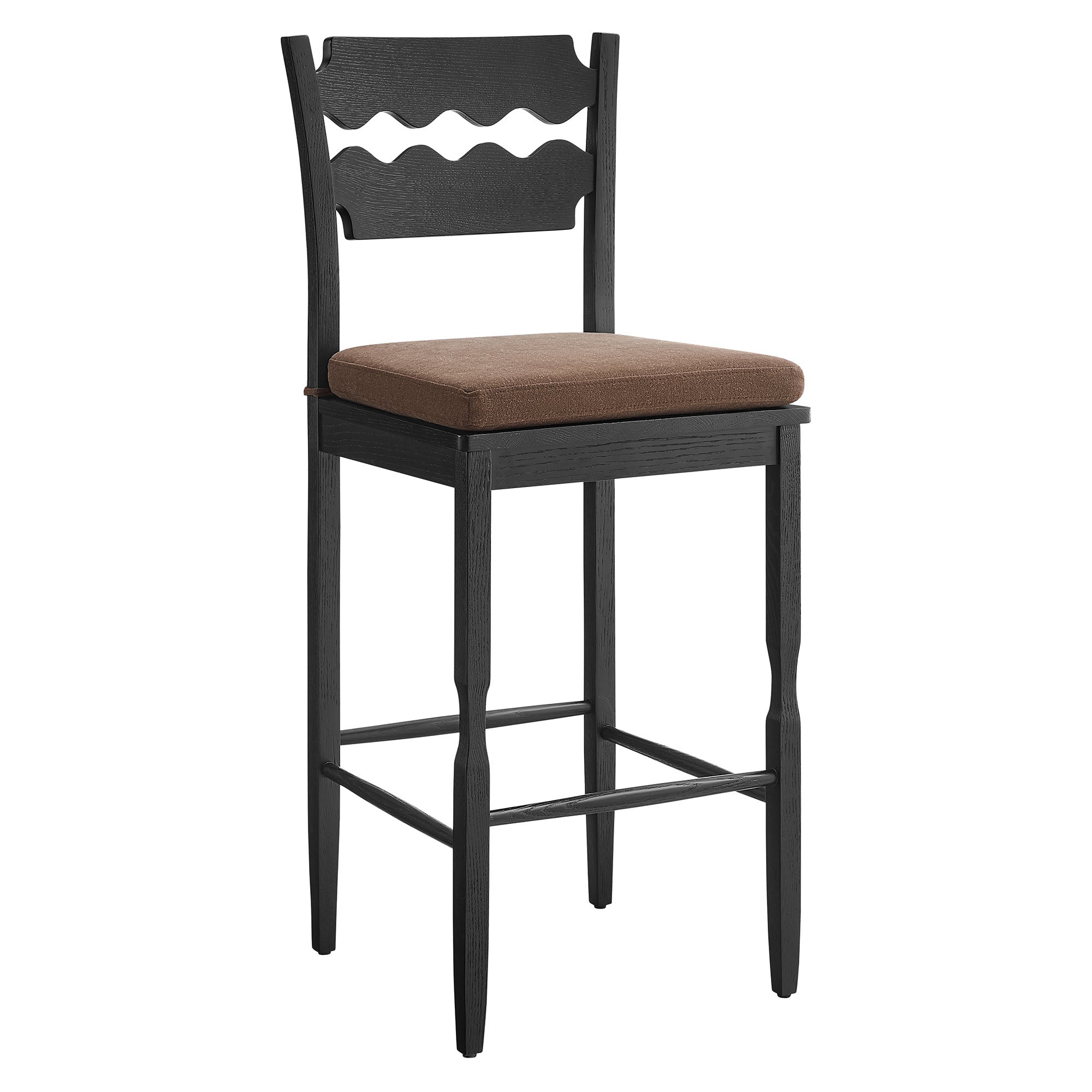 Jax Oak Wood Bar Stool With Wavy Razor Back and Cushion