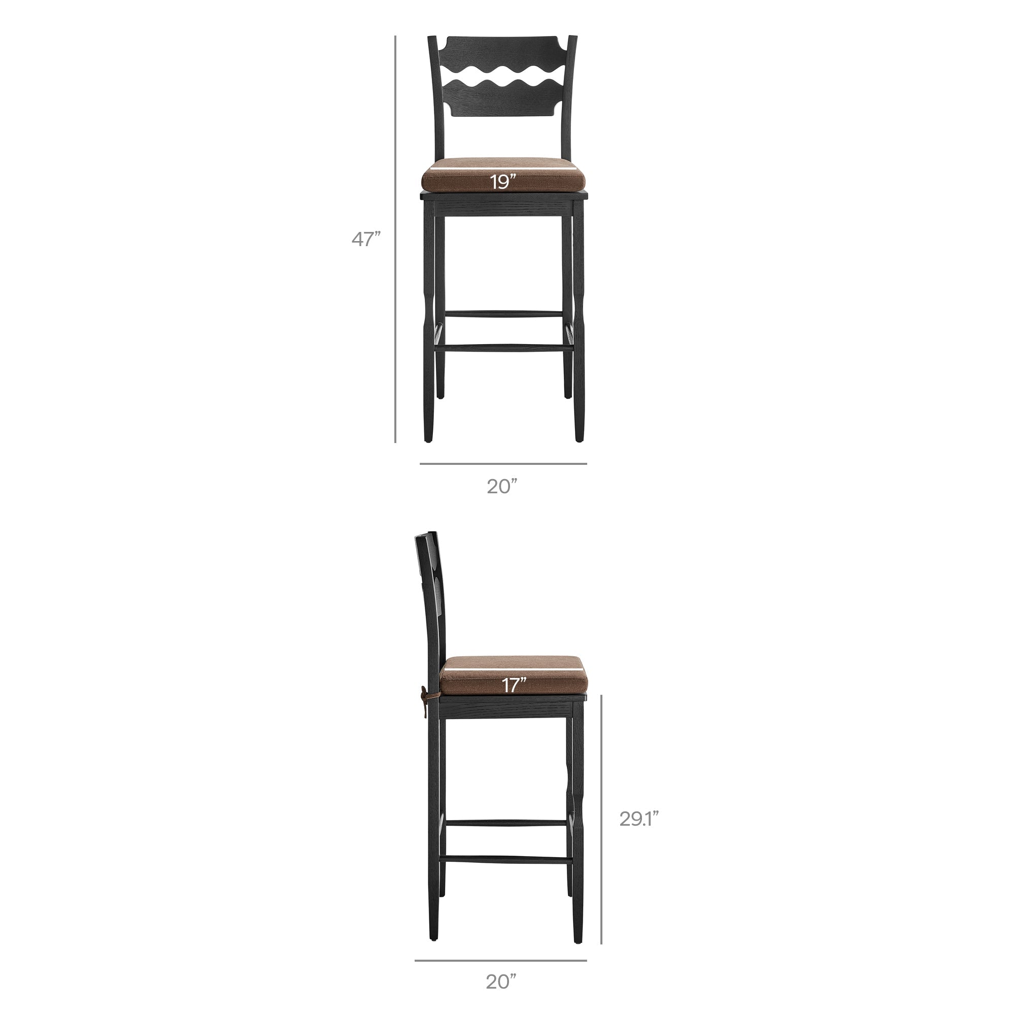 Jax Oak Wood Bar Stool With Wavy Razor Back and Cushion