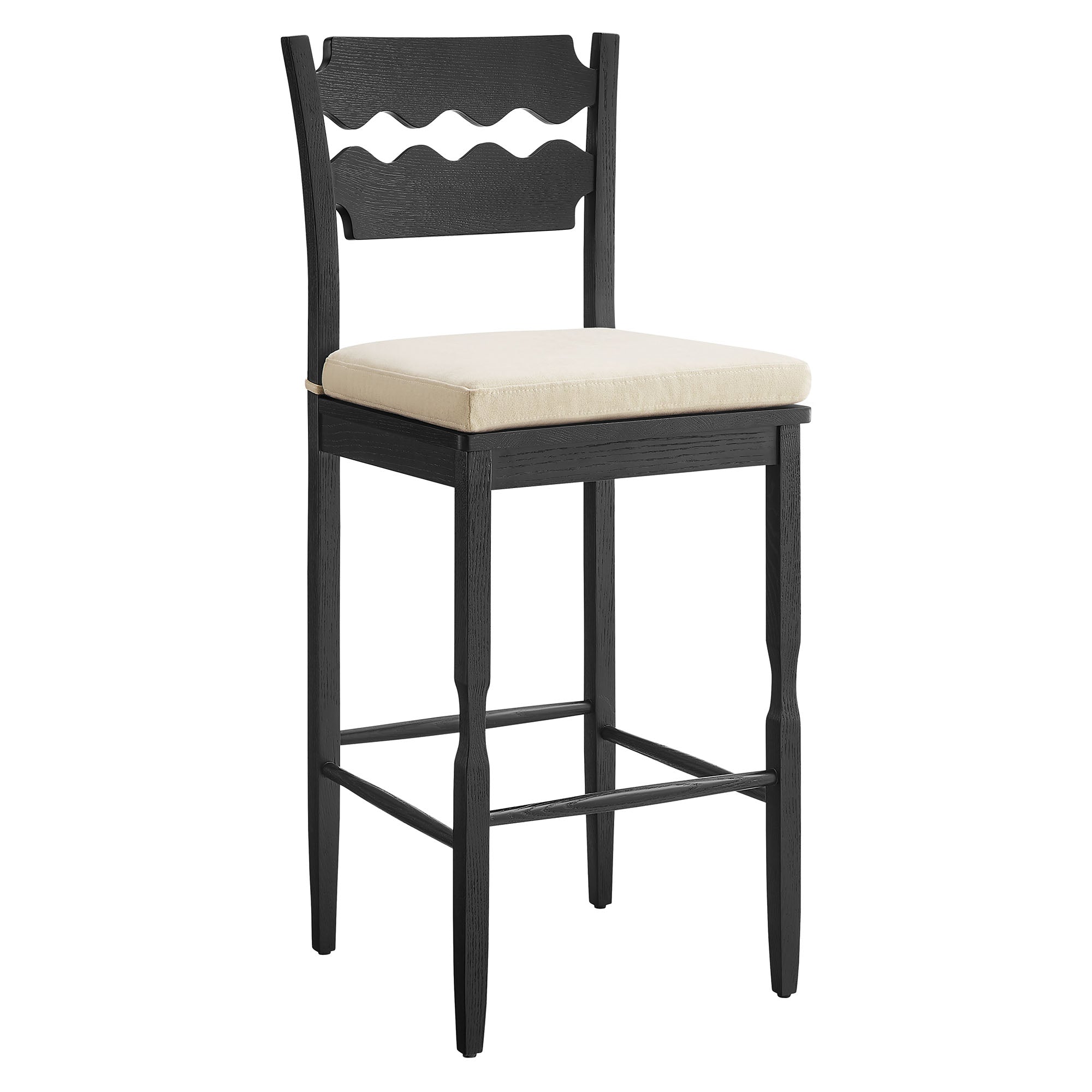 Jax Oak Wood Bar Stool With Wavy Razor Back and Cushion - EEI-7519-BLK-LIN