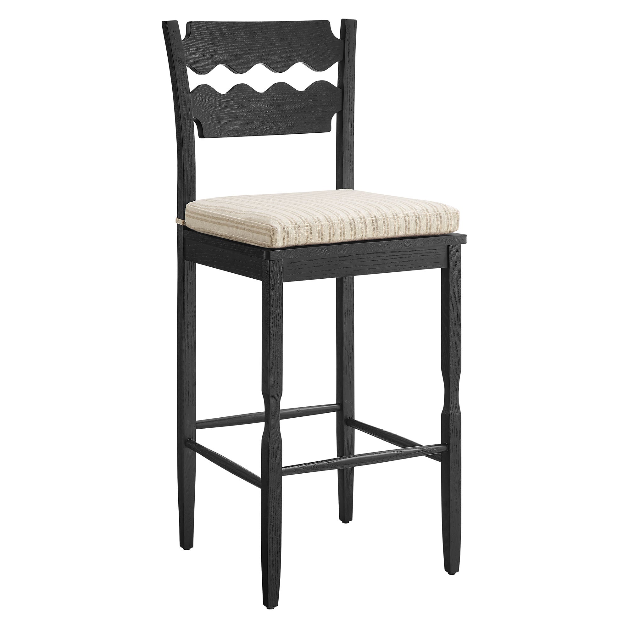 Jax Oak Wood Bar Stool With Wavy Razor Back and Cushion - EEI-7519-BLK-OAS