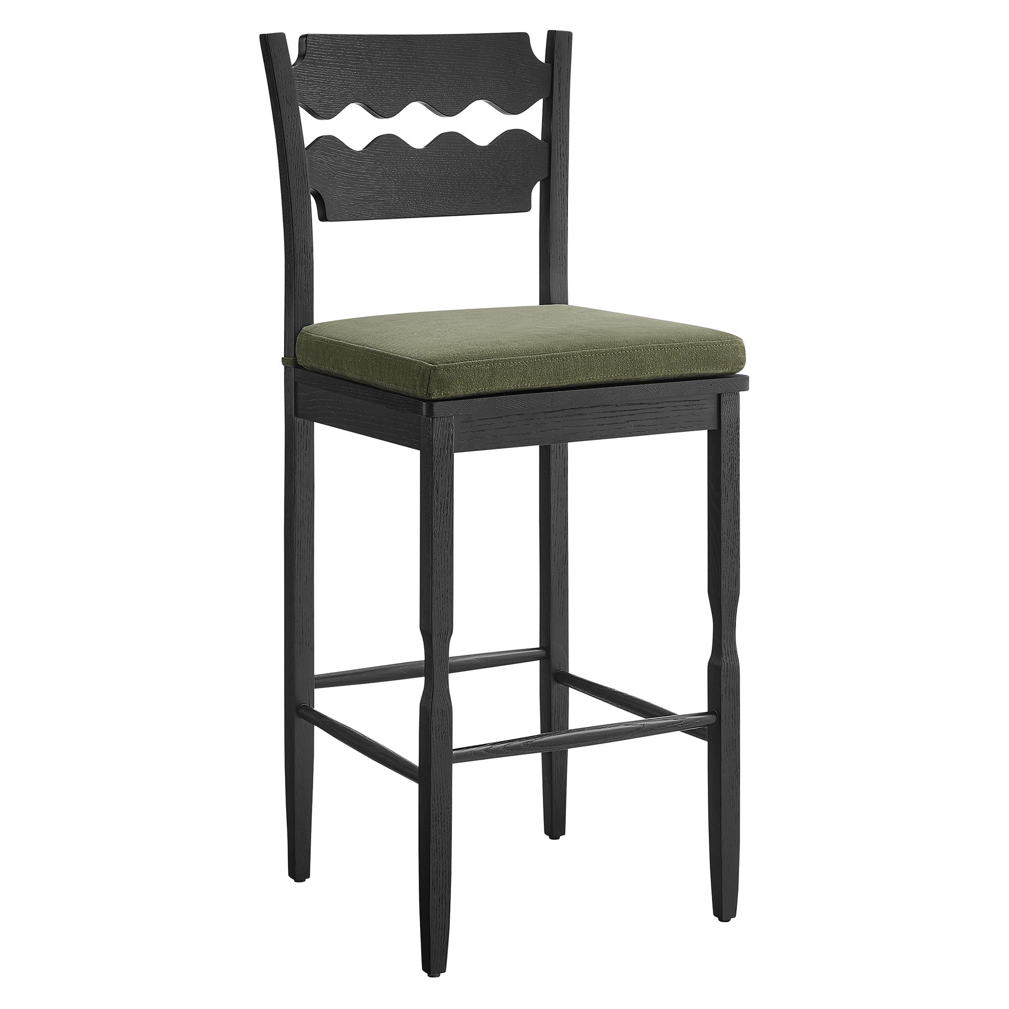 Jax Oak Wood Bar Stool With Wavy Razor Back and Cushion - EEI-7519-BLK-SGE