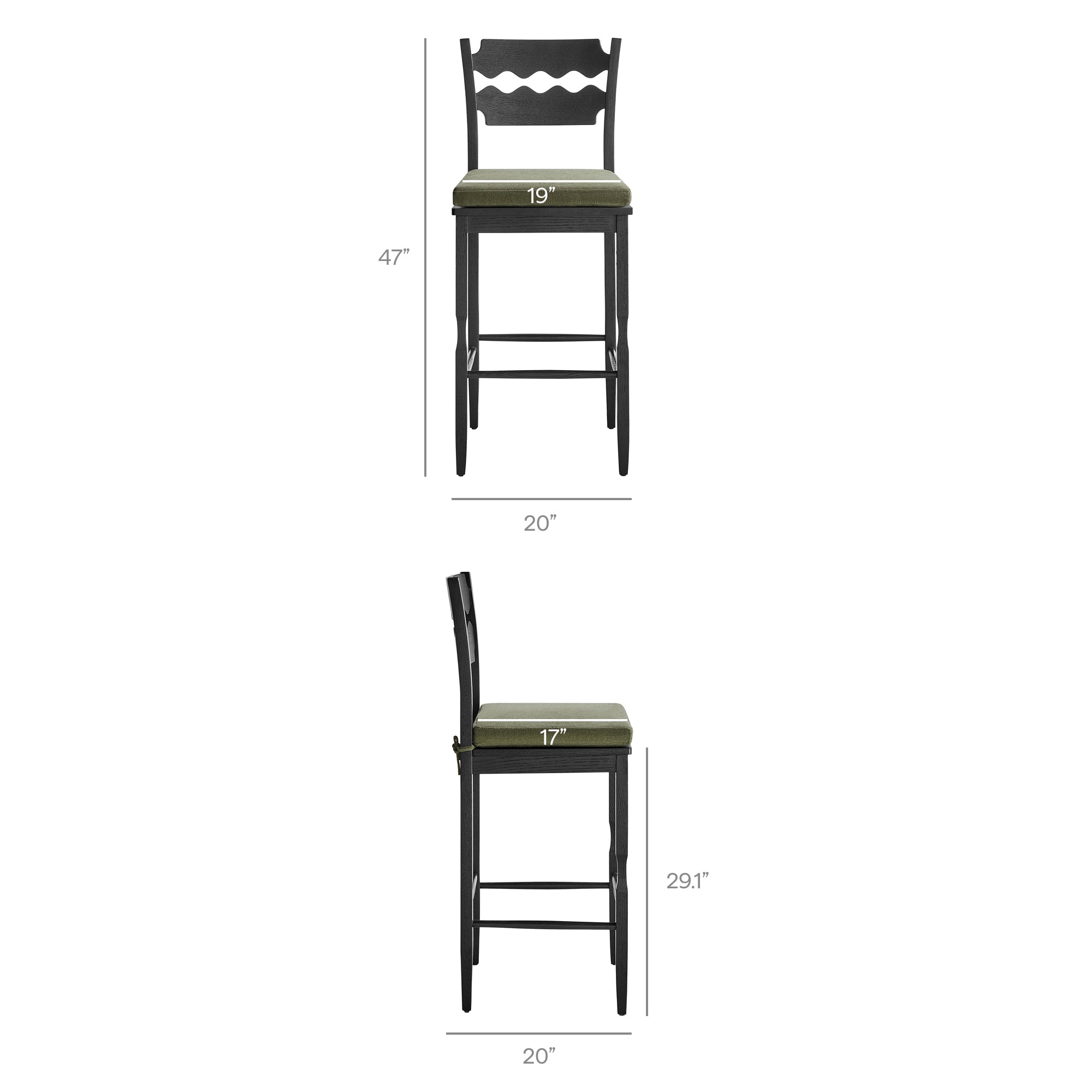 Jax Oak Wood Bar Stool With Wavy Razor Back and Cushion