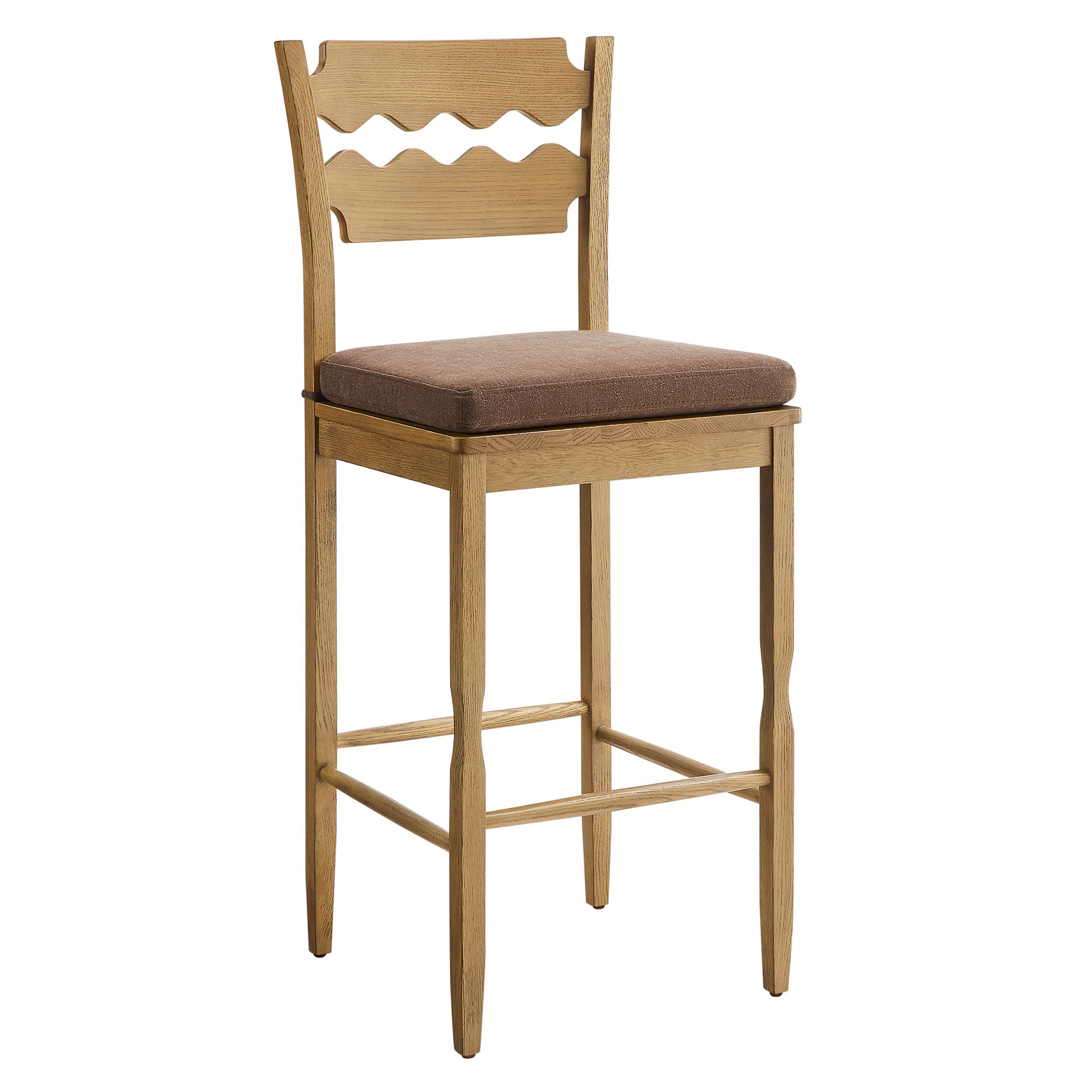 Jax Oak Wood Bar Stool With Wavy Razor Back and Cushion - EEI-7519-WOA-COA