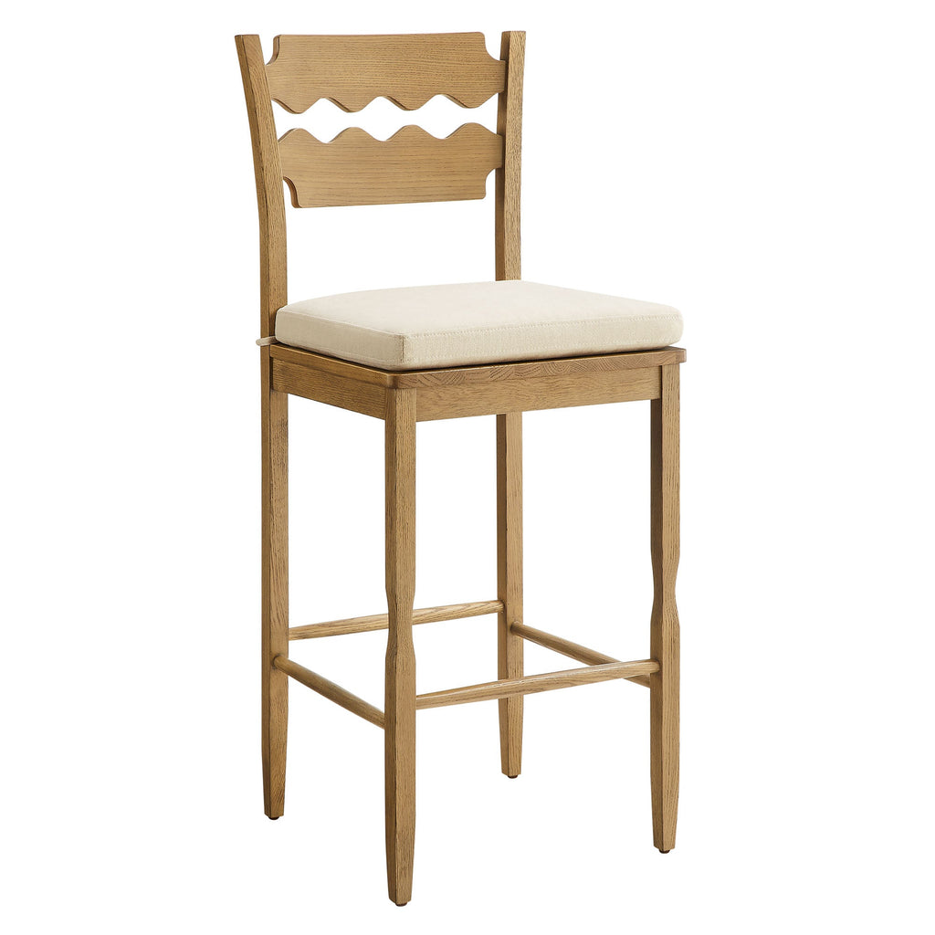 Jax Oak Wood Bar Stool With Wavy Razor Back and Cushion - EEI-7519-WOA-LIN