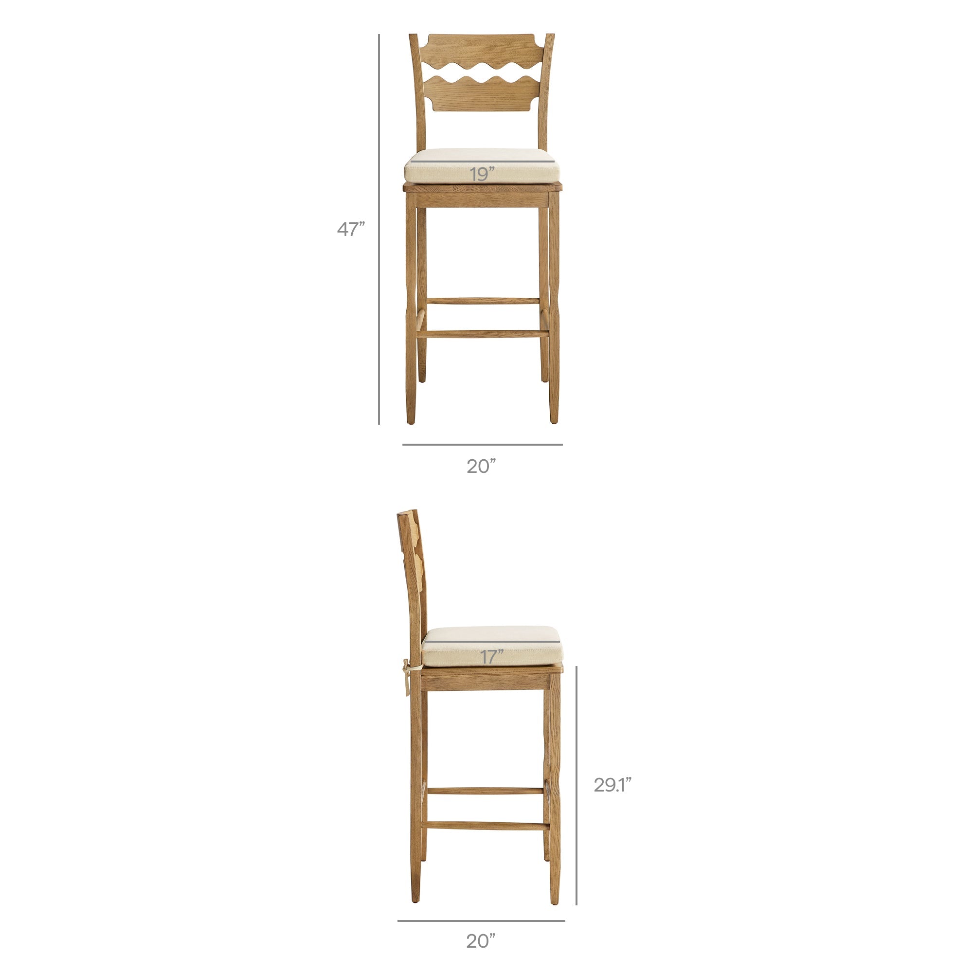 Jax Oak Wood Bar Stool With Wavy Razor Back and Cushion