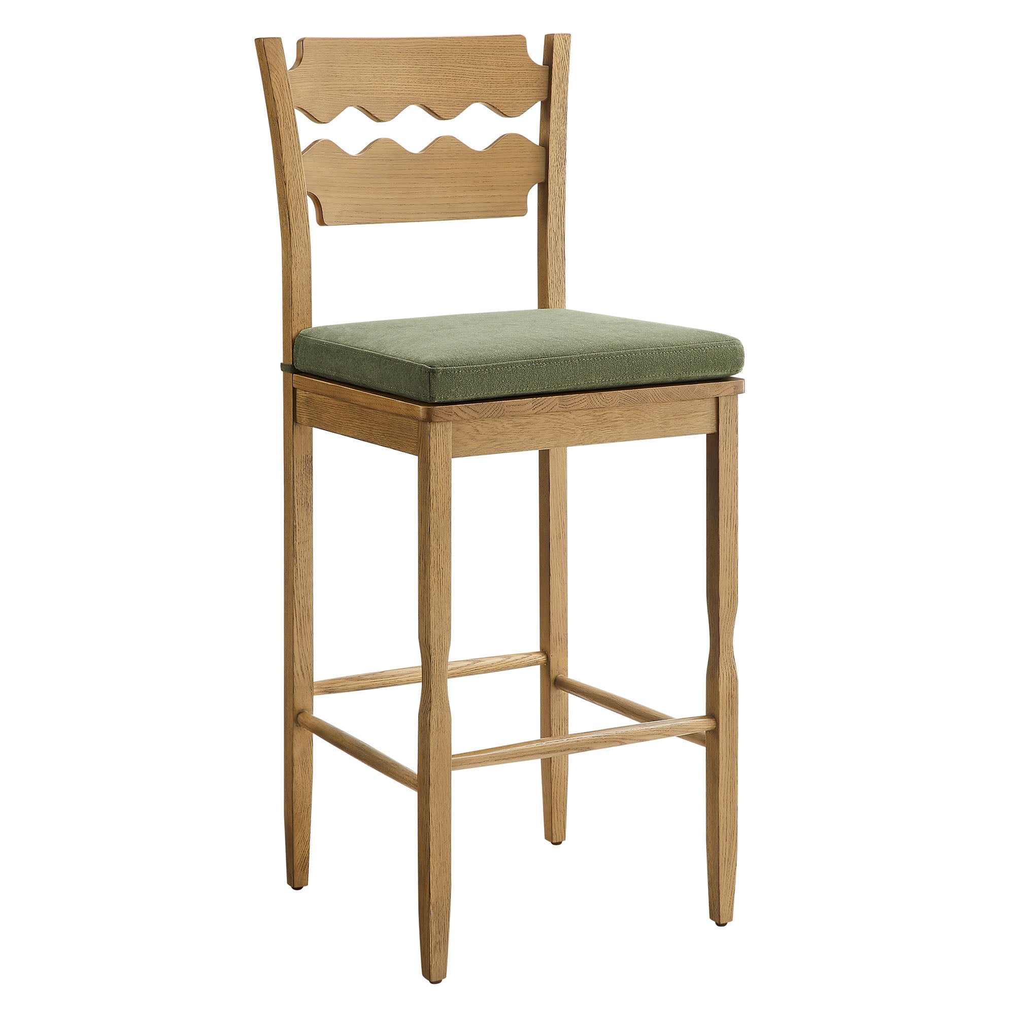 Jax Oak Wood Bar Stool With Wavy Razor Back and Cushion - EEI-7519-WOA-SGE