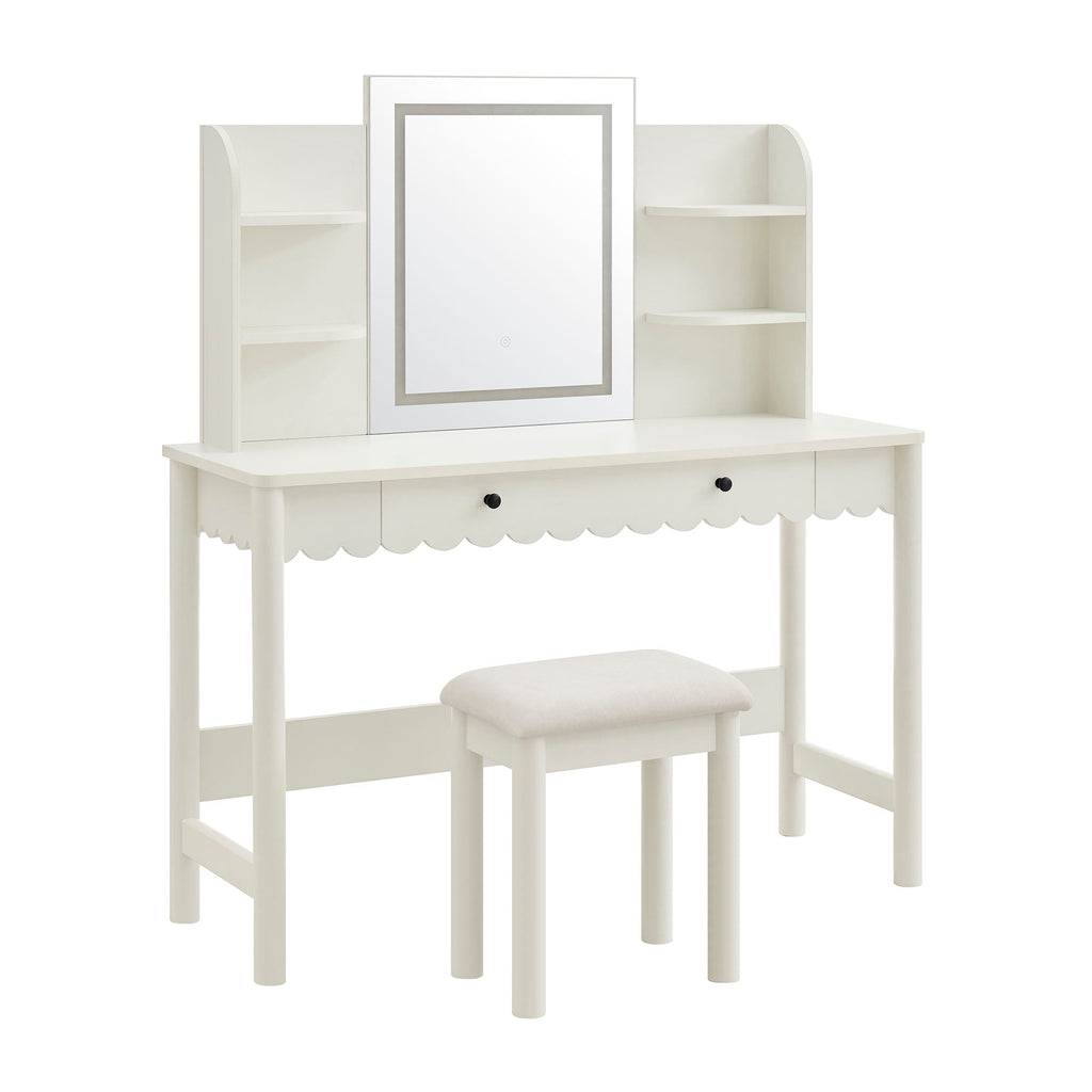 Emmeline Scalloped Makeup Vanity Desk With LED Mirror and Stool