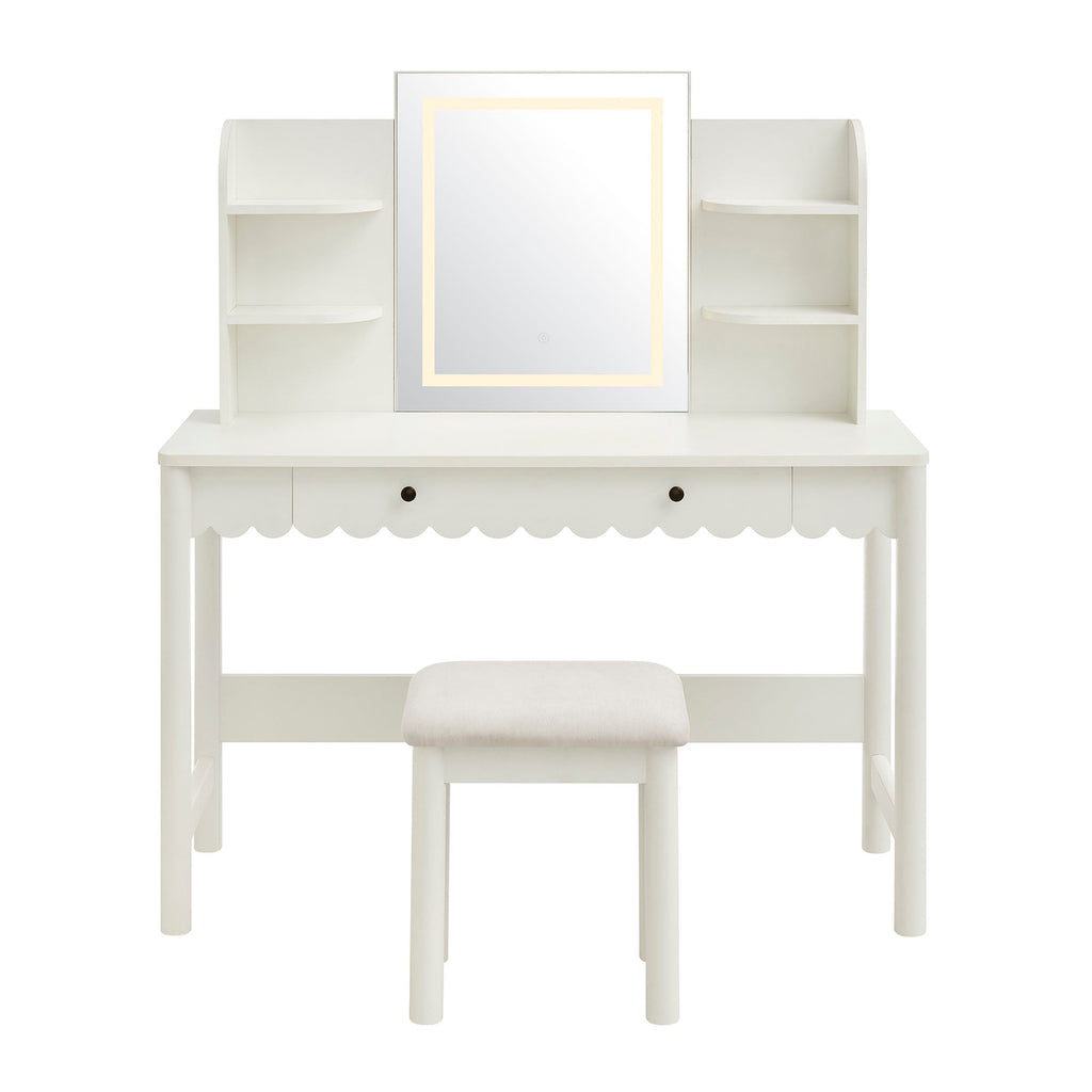 Emmeline Scalloped Makeup Vanity Desk With LED Mirror and Stool