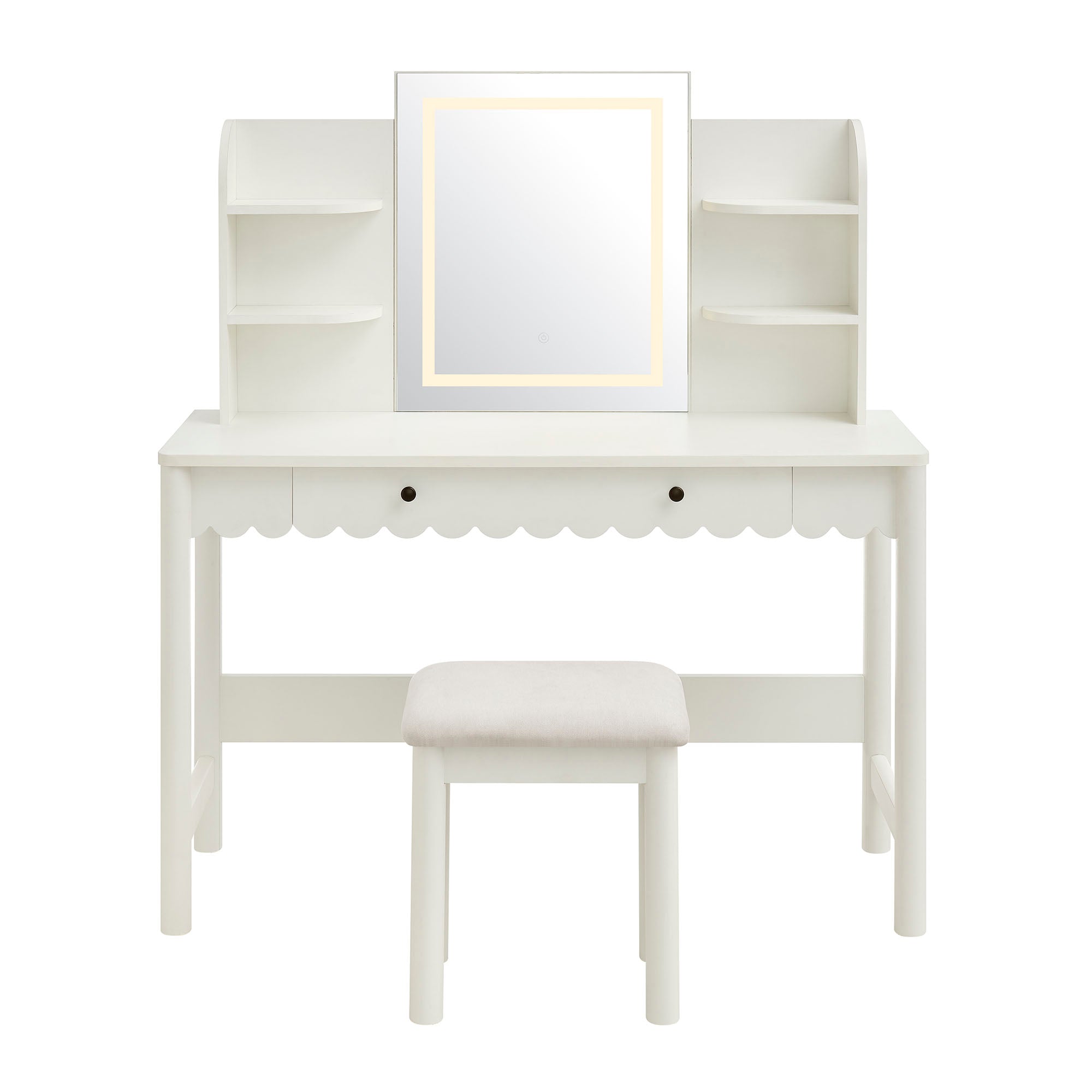 Emmeline Scalloped Makeup Vanity Desk With LED Mirror and Stool