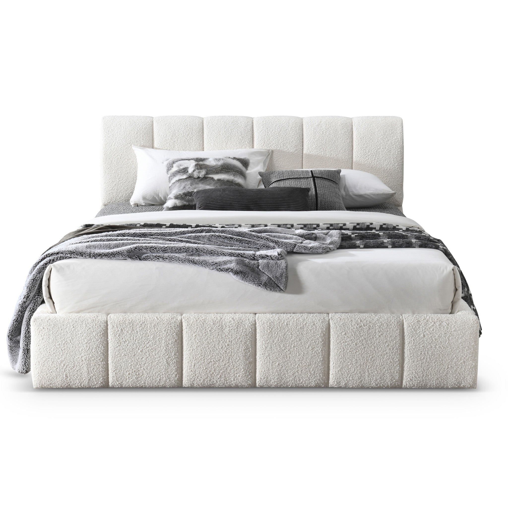 Hilar White Boucle Platform Bed King Size