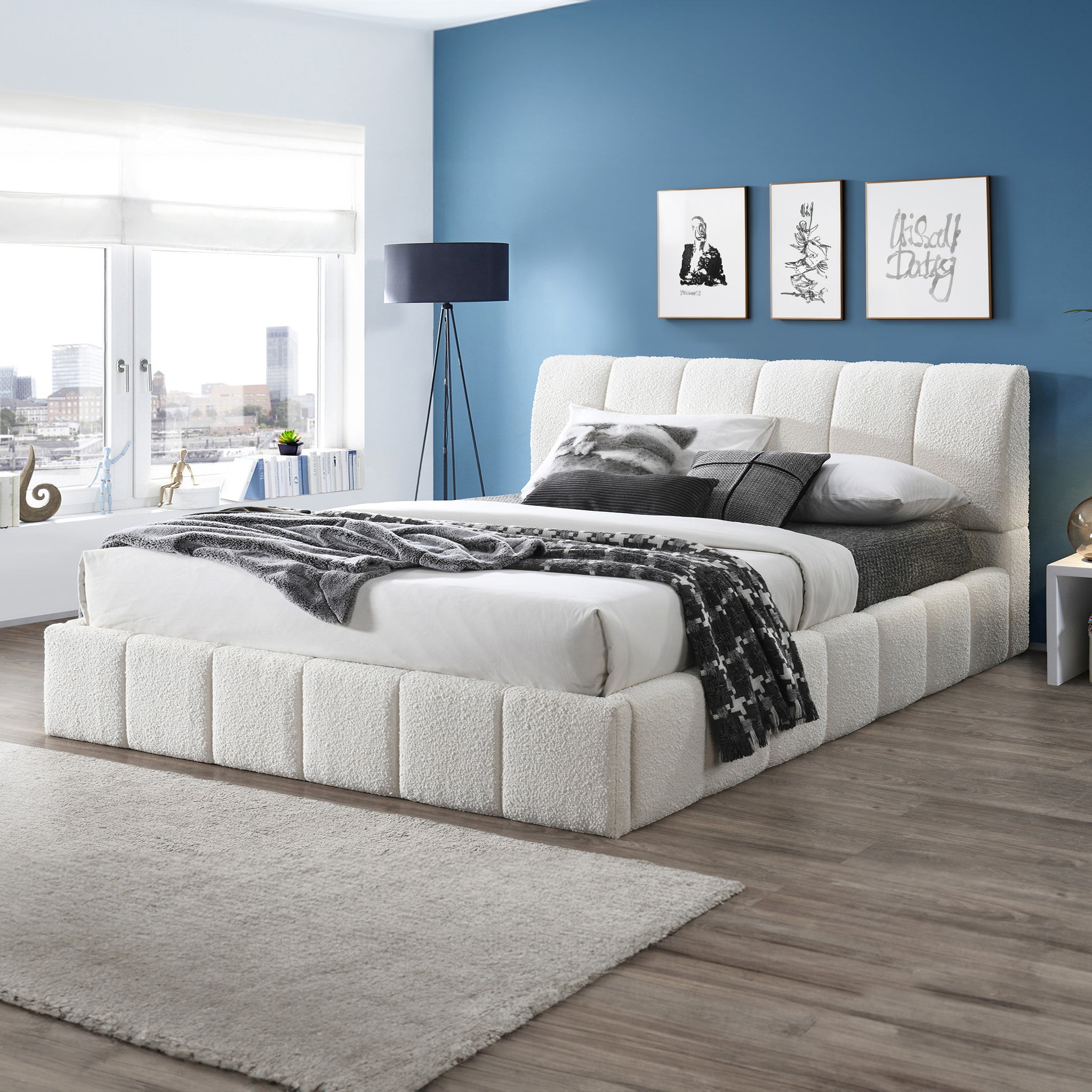Hilar White Boucle Platform Bed King Size