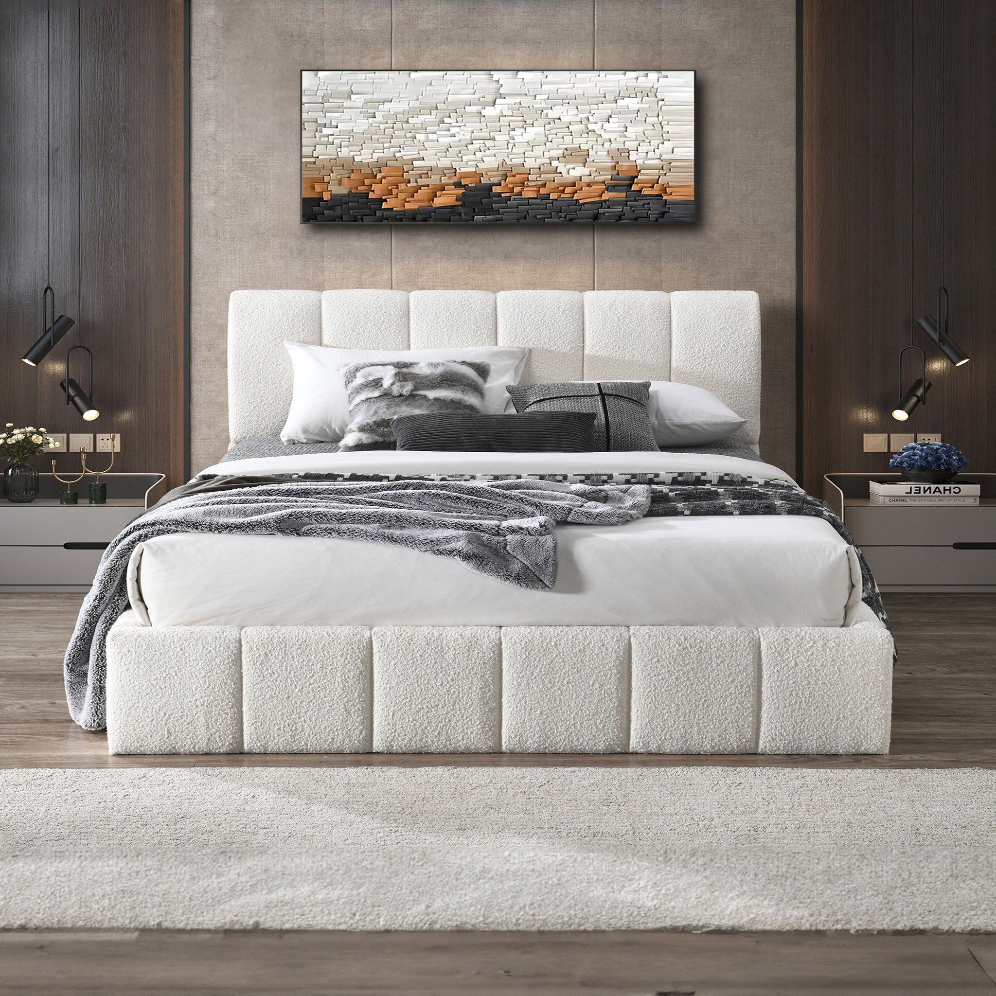 Hilar White Boucle Platform Bed King Size