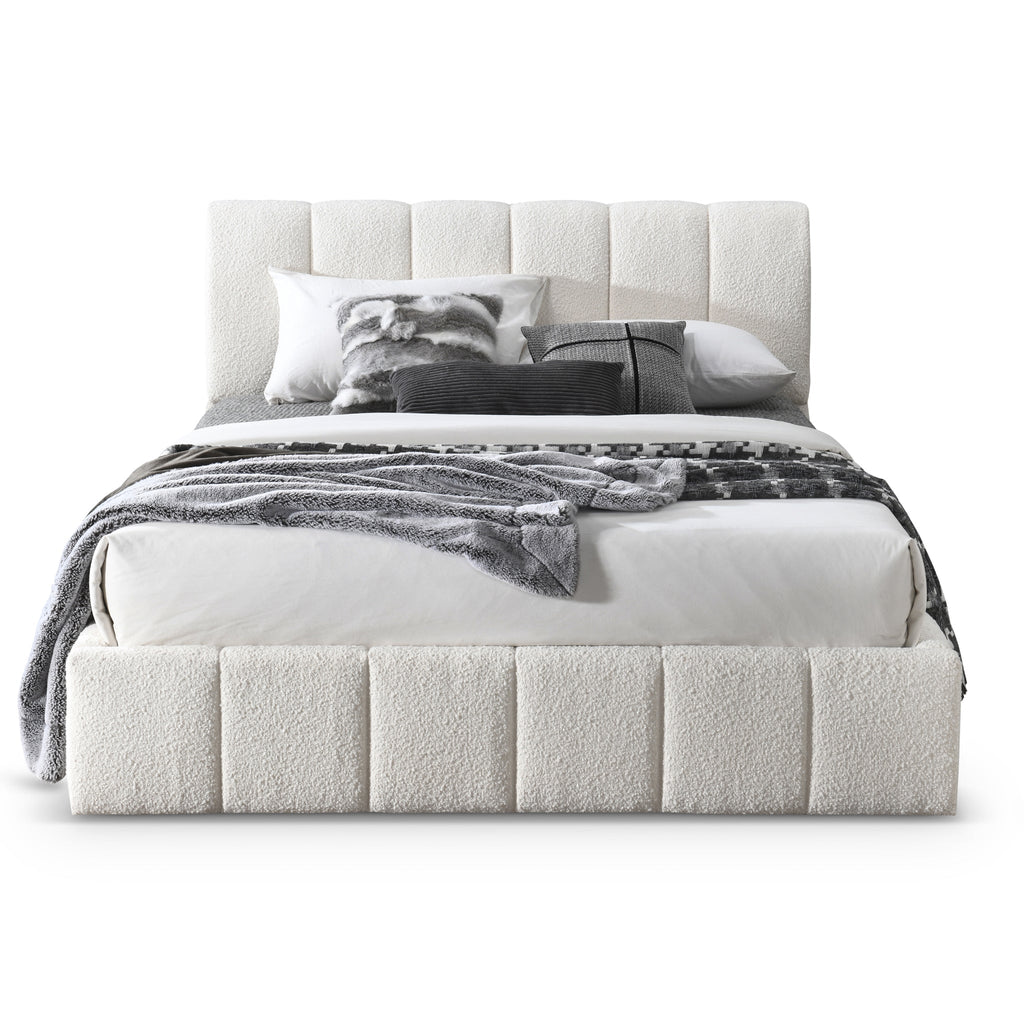 Hilar White Boucle Platform Bed Queen Size