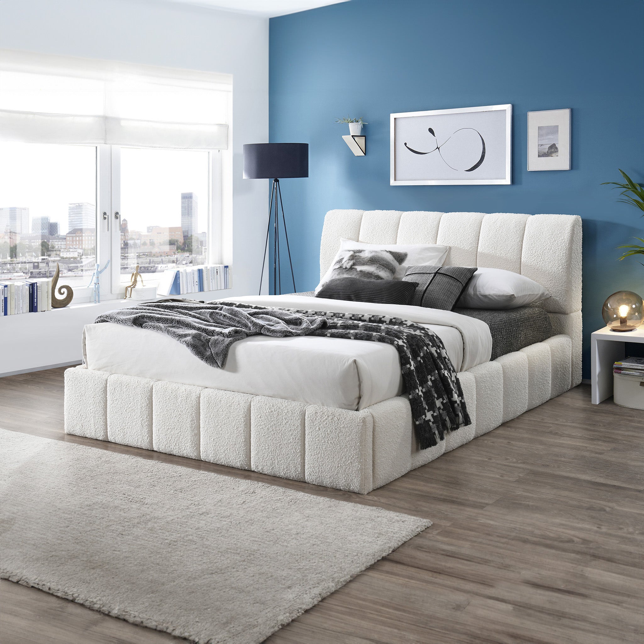 Hilar White Boucle Platform Bed Queen Size