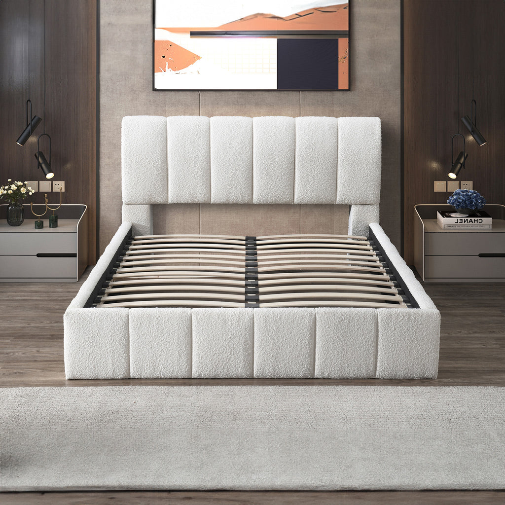 Hilar White Boucle Platform Bed Queen Size