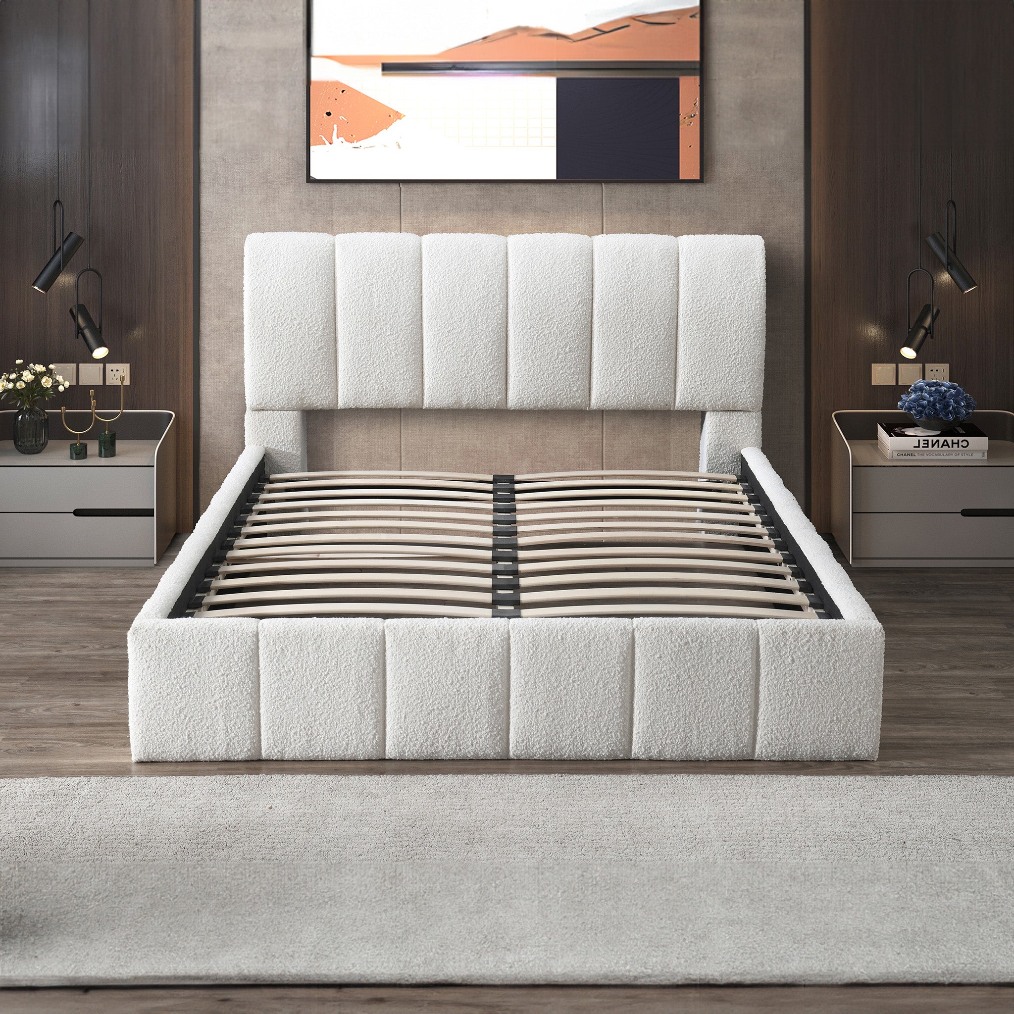 Hilar White Boucle Platform Bed Queen Size