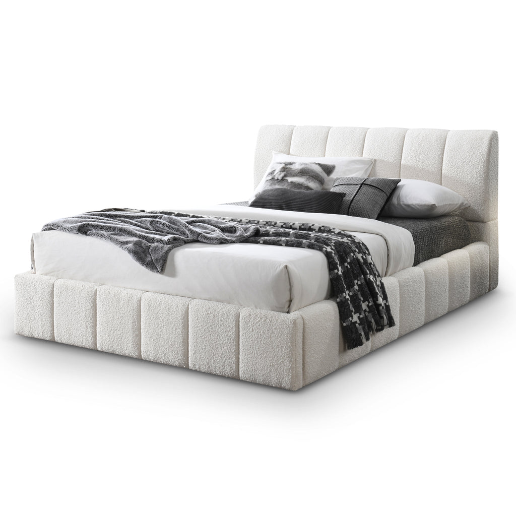 Hilar White Boucle Platform Bed Queen Size