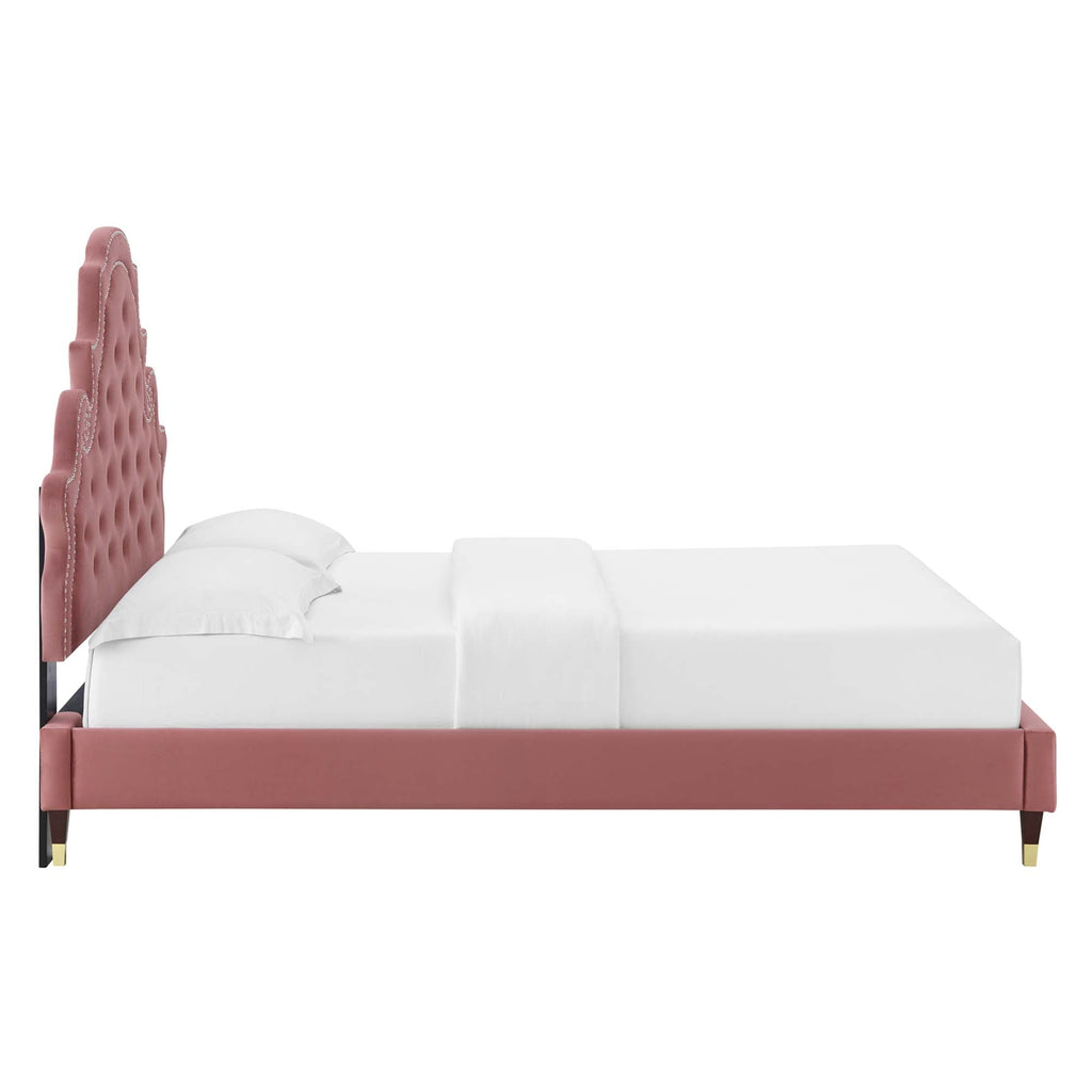 Gwyneth Tufted Performance Velvet Platform Bed With Wood and Gold Legs
