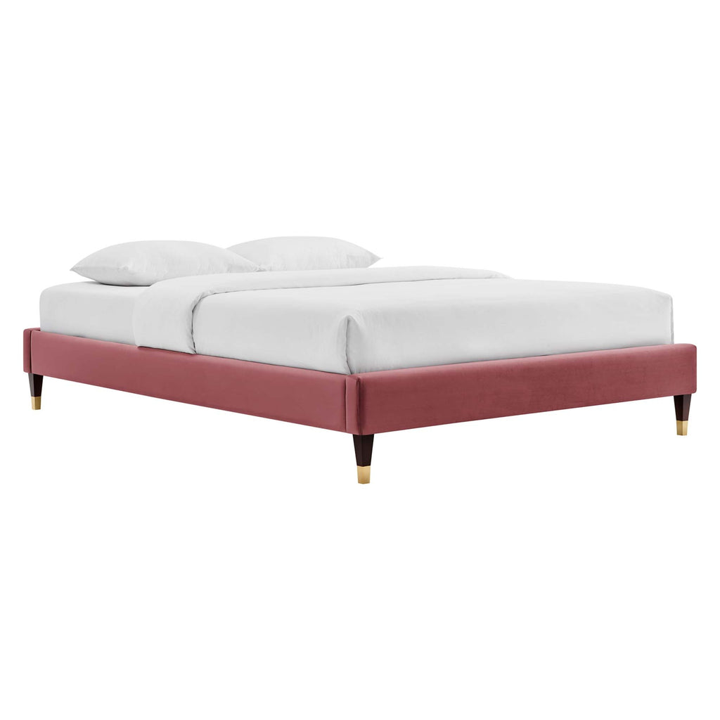 Elise Performance Velvet Platform Bed With Wood and Gold Legs