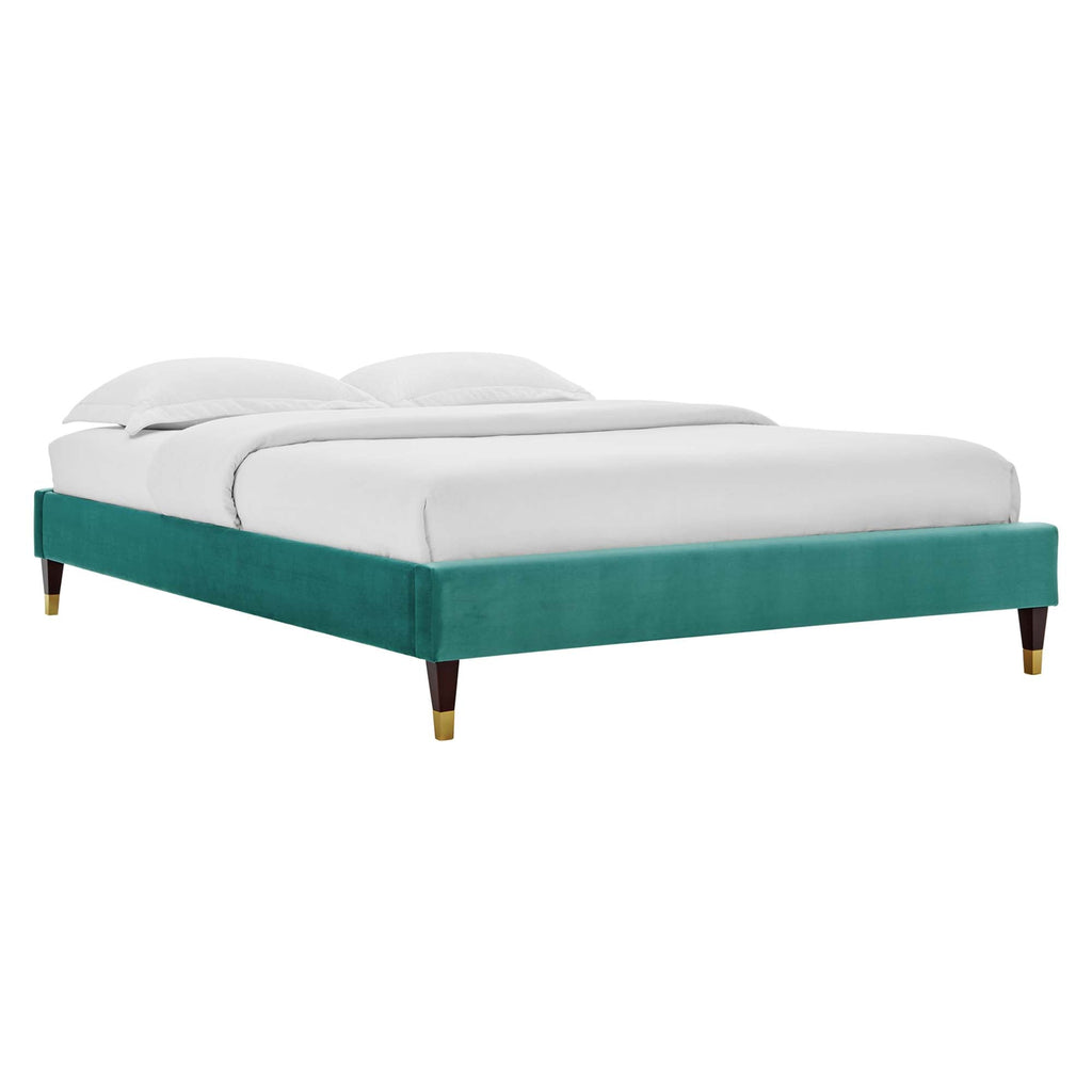 Elise Performance Velvet Platform Bed With Wood and Gold Legs
