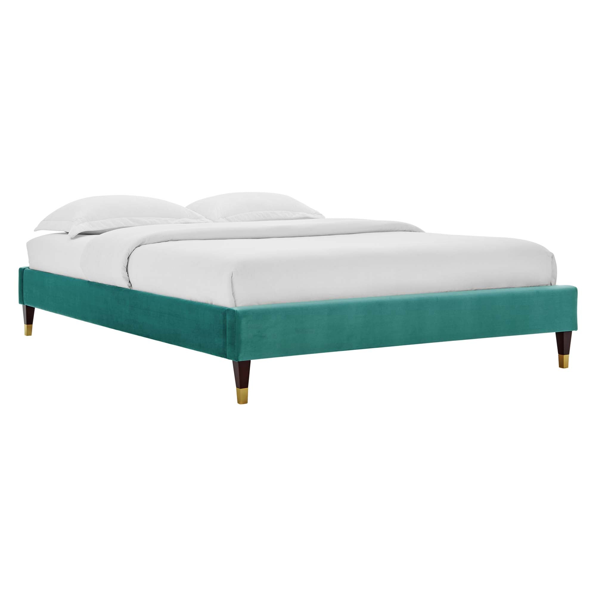 Elise Performance Velvet Platform Bed With Wood and Gold Legs