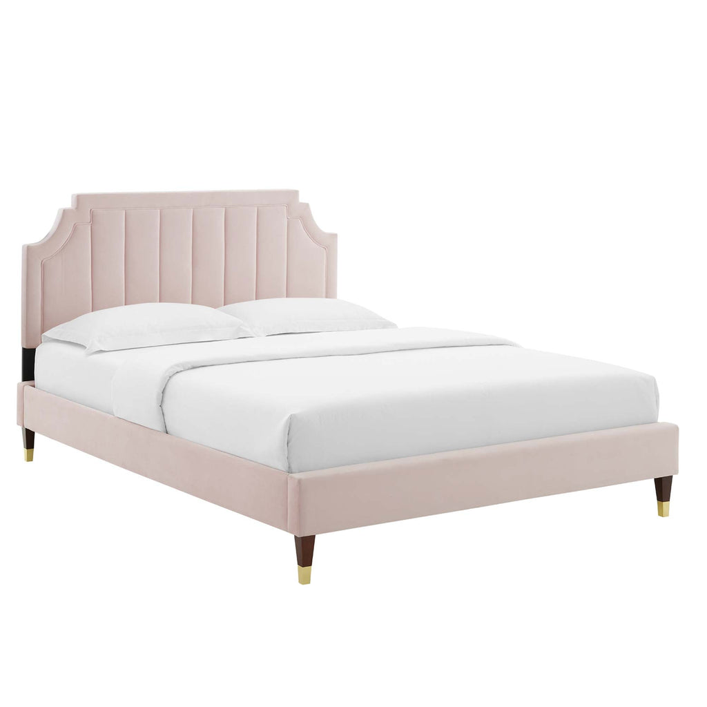 Sienna Performance Velvet Platform Bed With Wood and Gold Legs