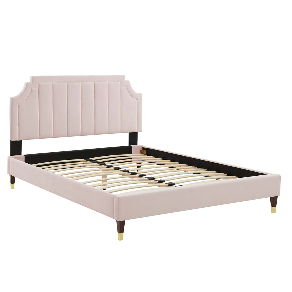 Sienna Performance Velvet Platform Bed With Wood and Gold Legs